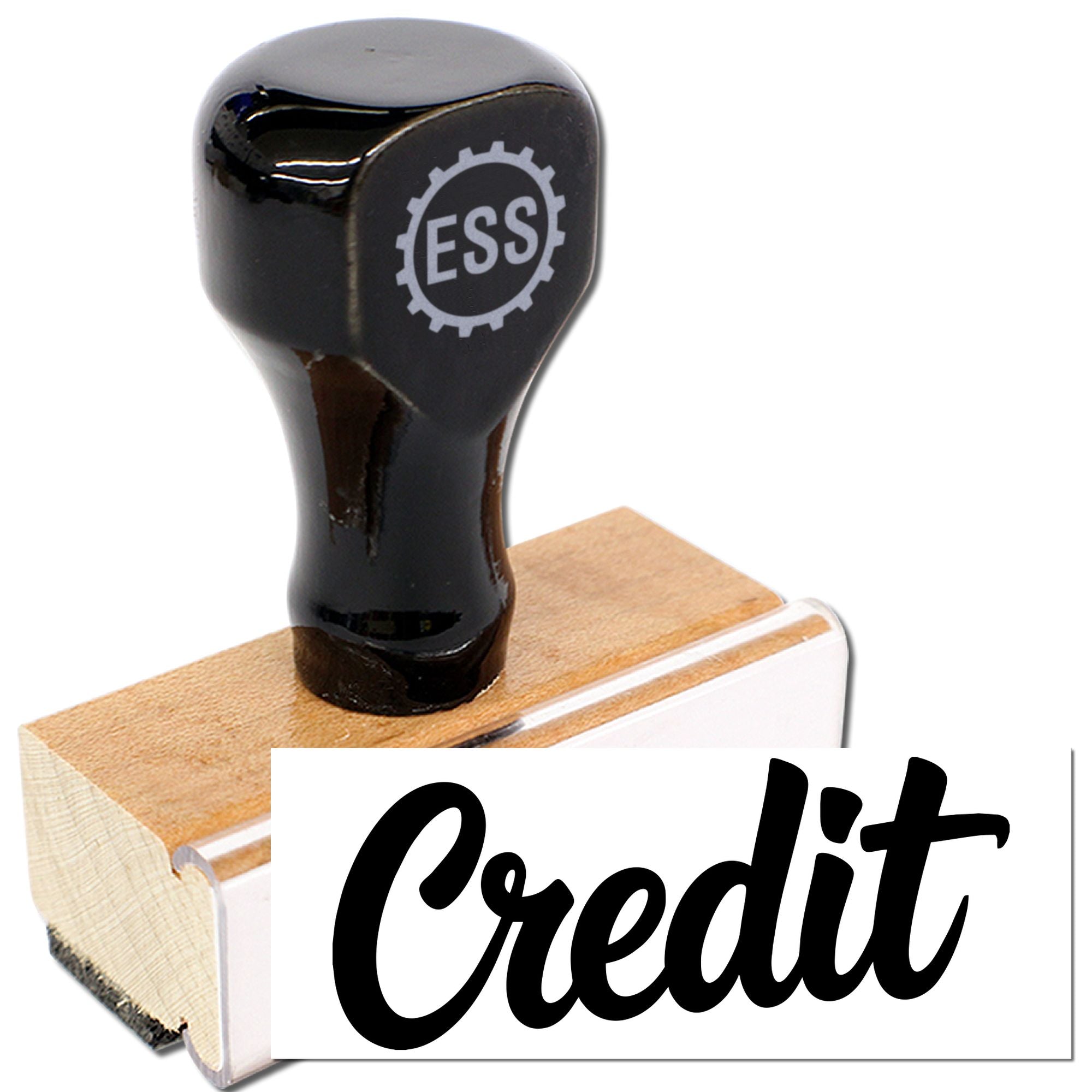 Black ESS stamp and seal with wooden base and bold Credit imprint on white background.