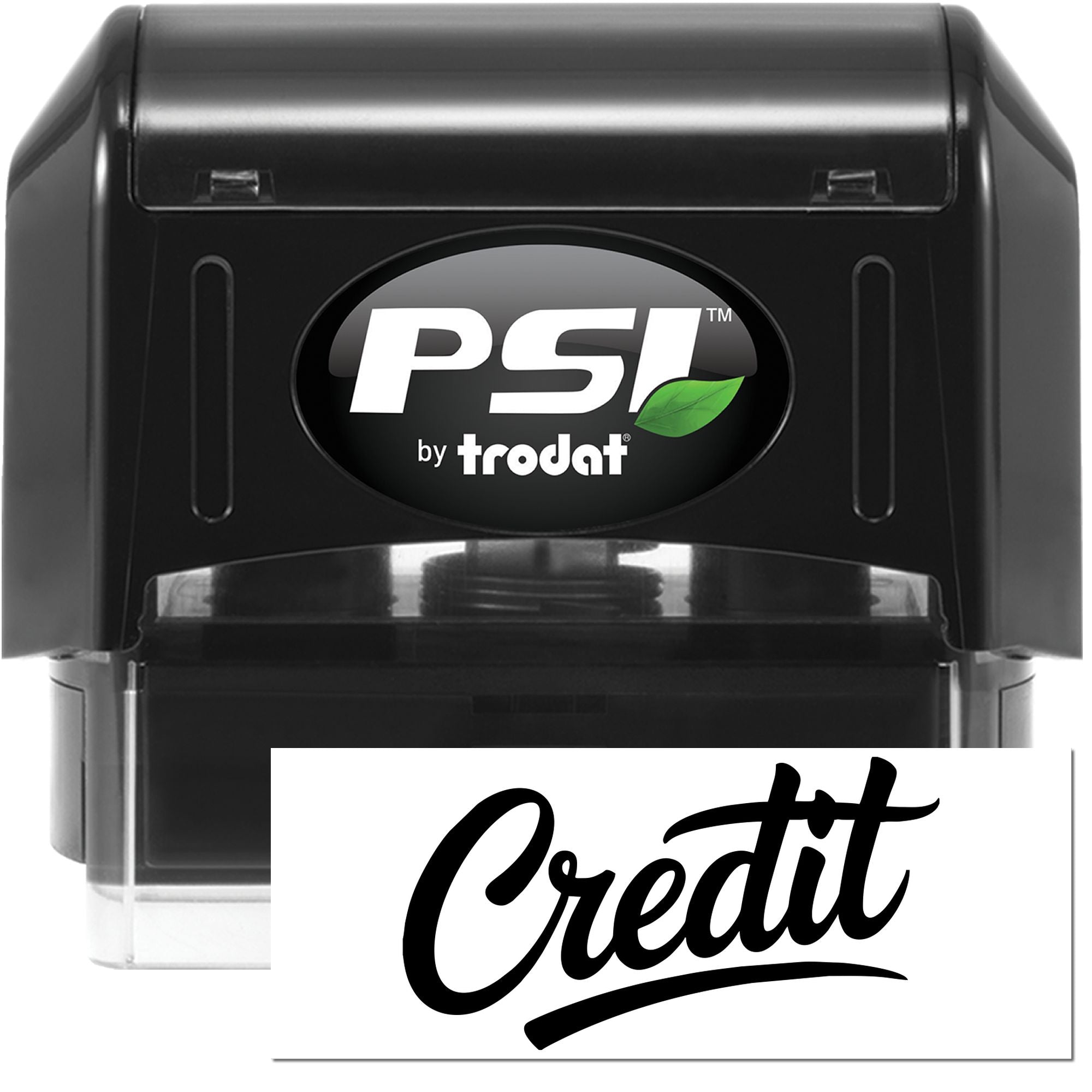 Black PSI by Trodat self-inking stamp with Credit seal, black casing, green leaf logo, on white background.