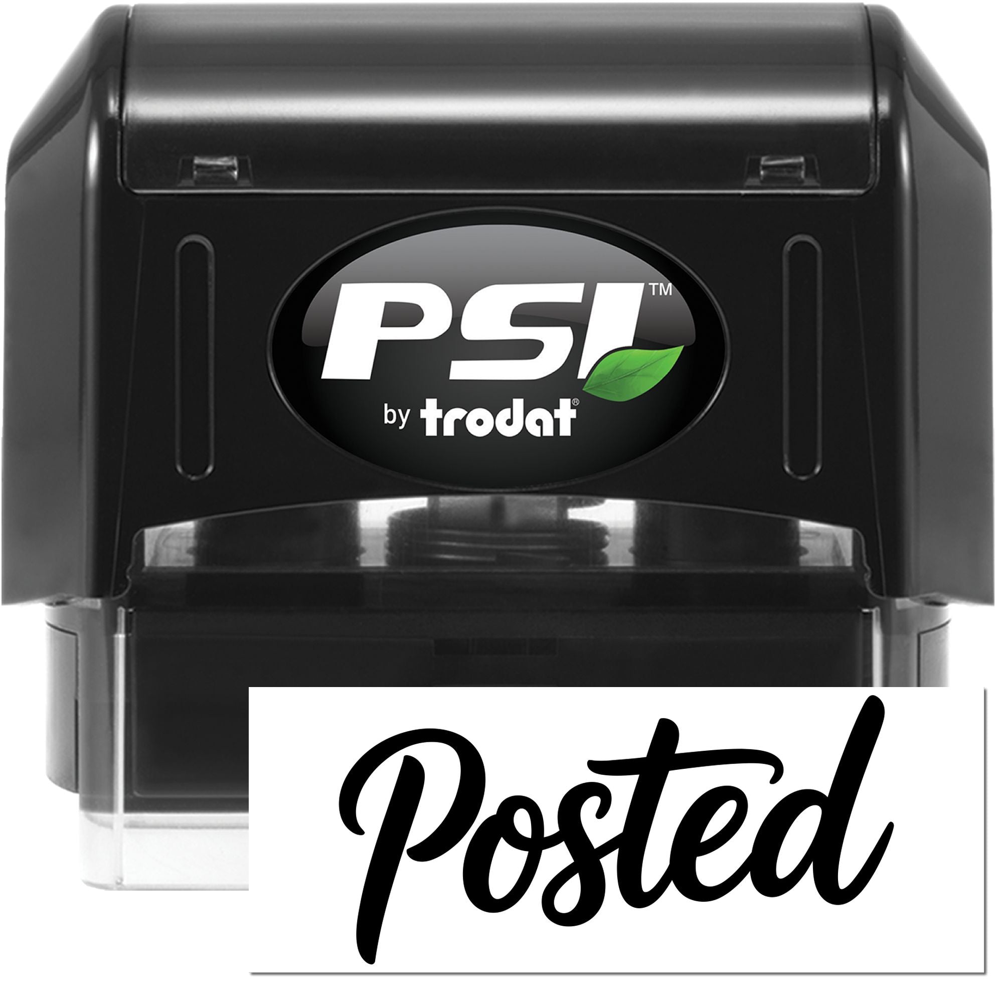 Black PSI by Trodat self-inking stamp and seal with green leaf logo and white Posted impression