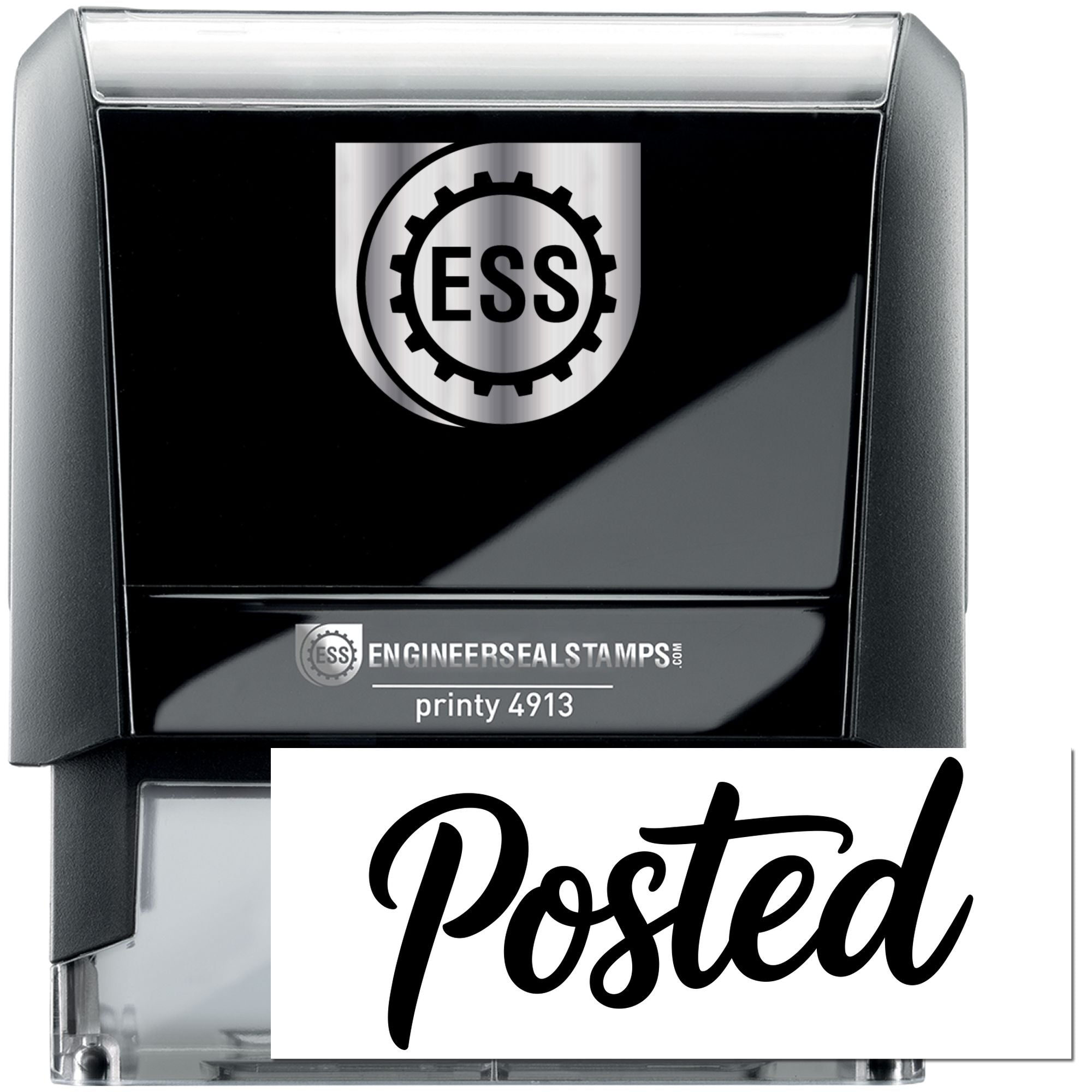 Black self-inking engineer seal stamp, black and silver, with ESS logo and bold Posted imprint.