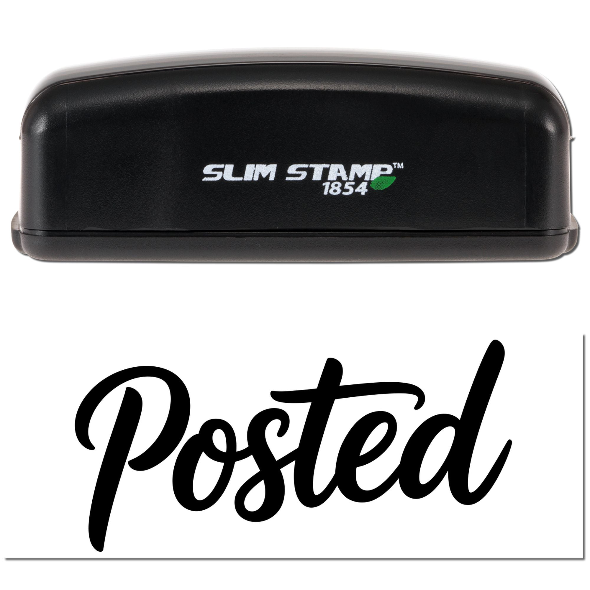 Black Slim Stamp 1854 self-inking stamp and seal with white logo and bold Posted imprint on a white background.