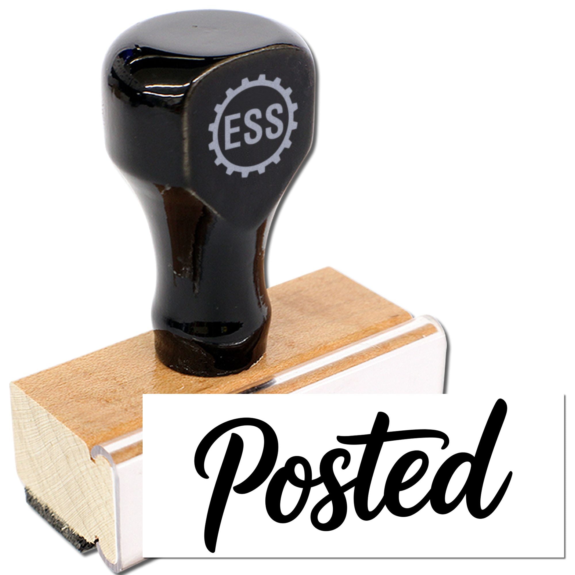 Black custom rubber stamp on wooden base with white Posted seal and ESS logo.
