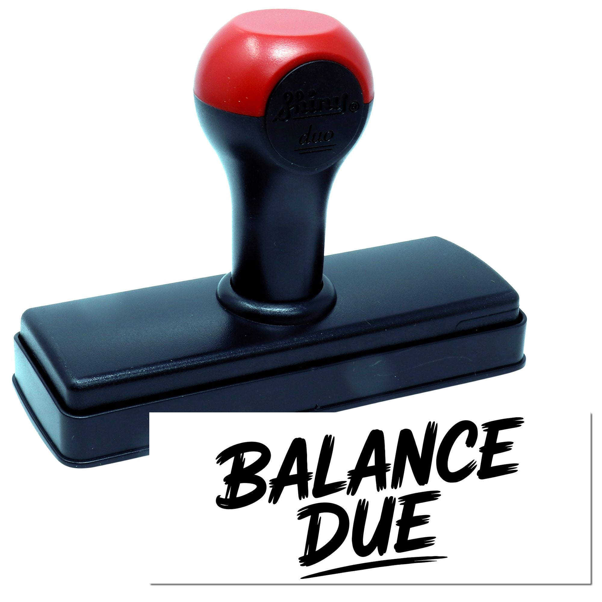 Red and black self-inking stamp and seal with rectangular base and bold black BALANCE DUE imprint.