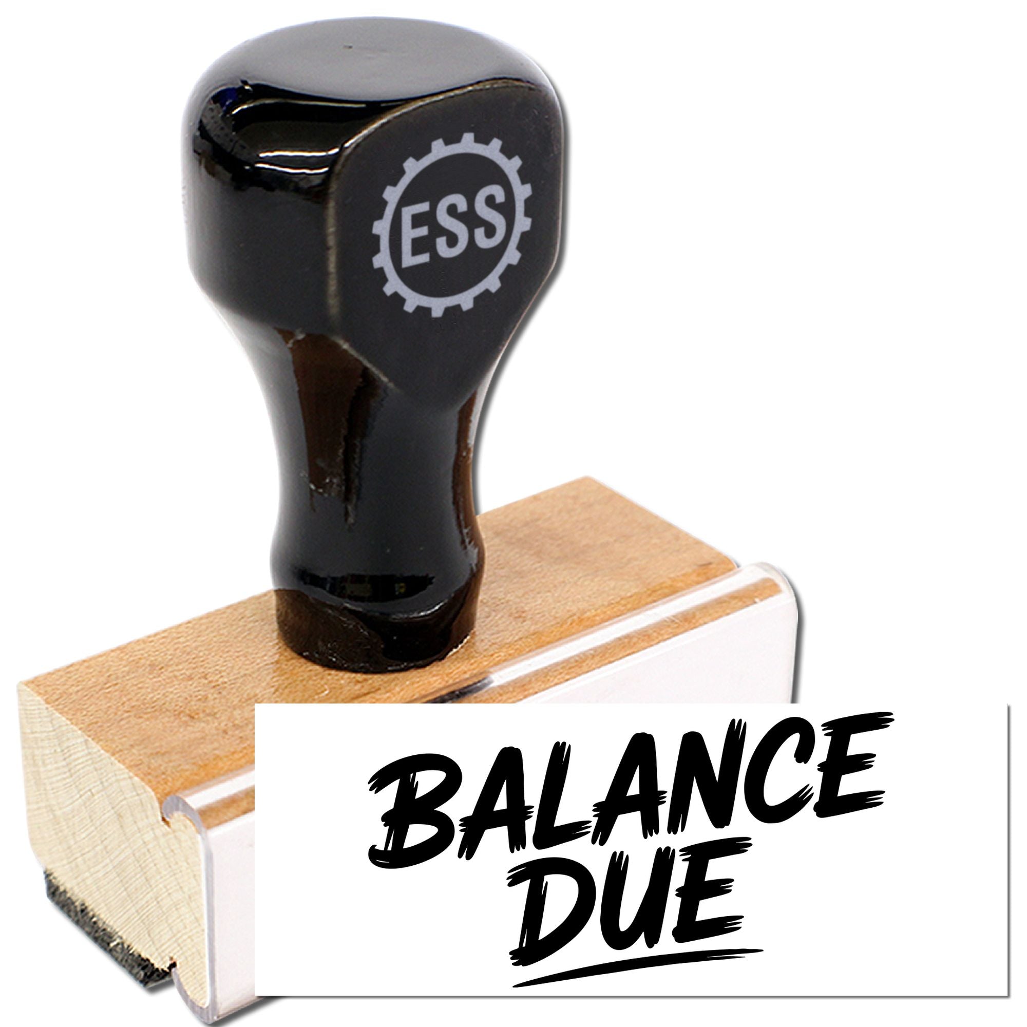 Black rubber stamp and seal with ESS logo on wood base, imprinting bold BALANCE DUE on white.