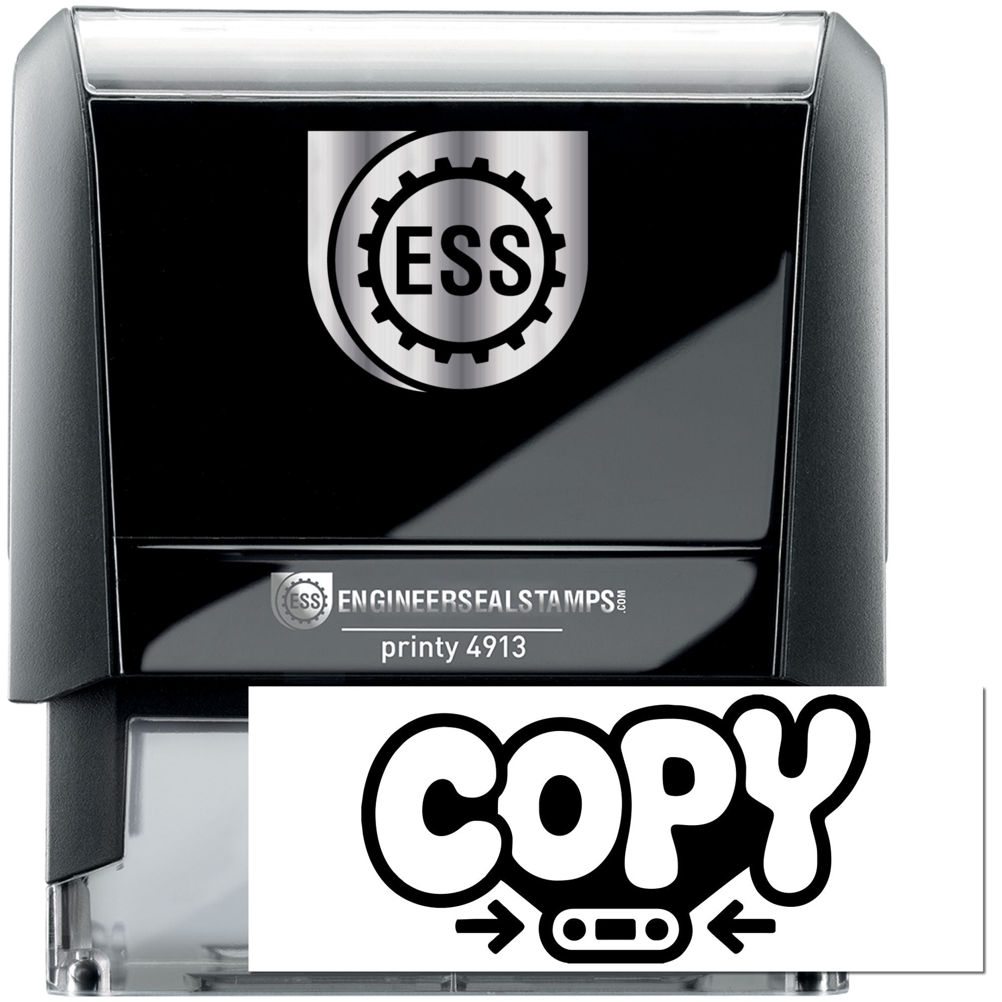 Black and silver ESS self-inking stamp and seal with gear logo, Printy 4913, and bold copy icon.