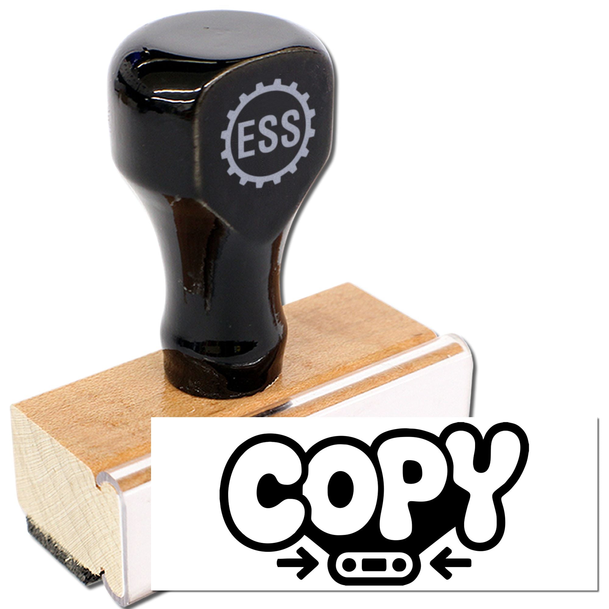 Black rubber stamp and wooden seal block with ESS logo, plus bold COPY text on a white background