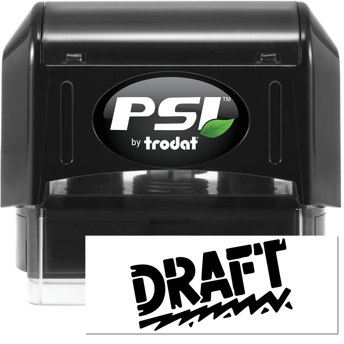 Black Trodat handwritten posted pre-inked PSI stock stamp for office forms, featuring a compact design and clear imprint.