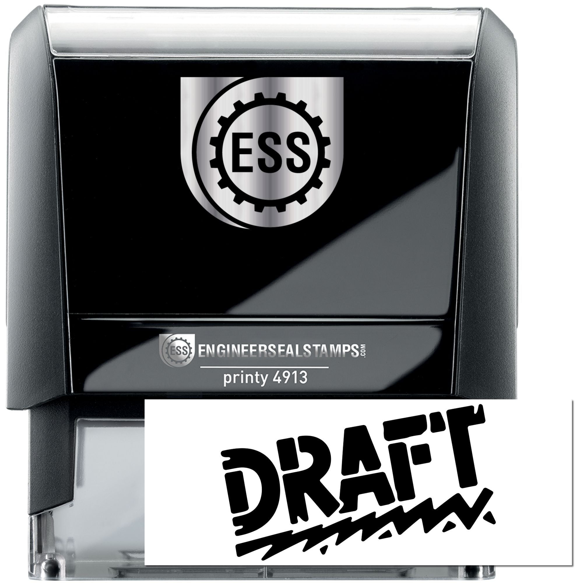 Black self-inking engineer seal stamp with silver top, ESS logo, and bold DRAFT imprint.