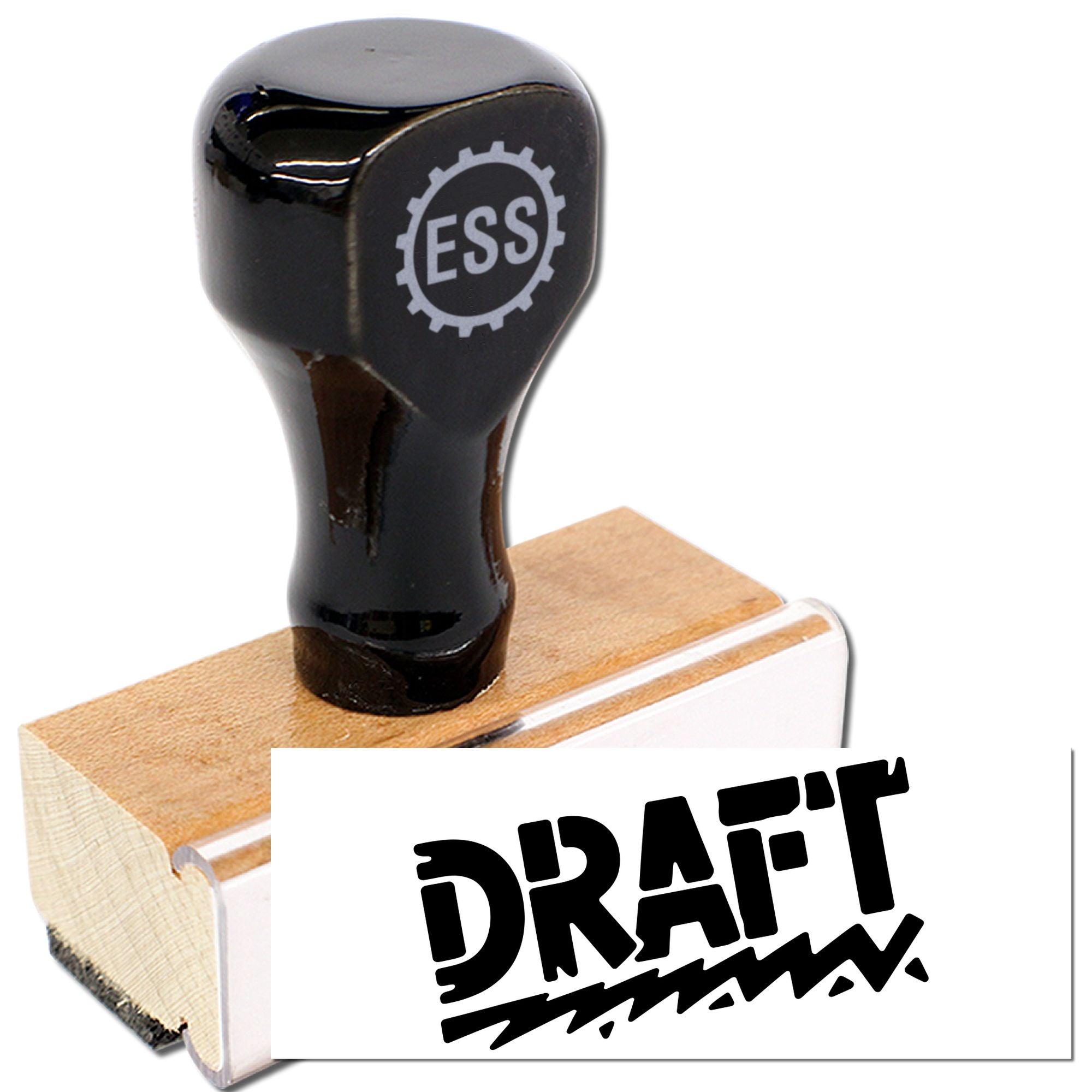 Black rubber stamp and seal with wooden block, gray ESS gear logo, and bold DRAFT imprint.