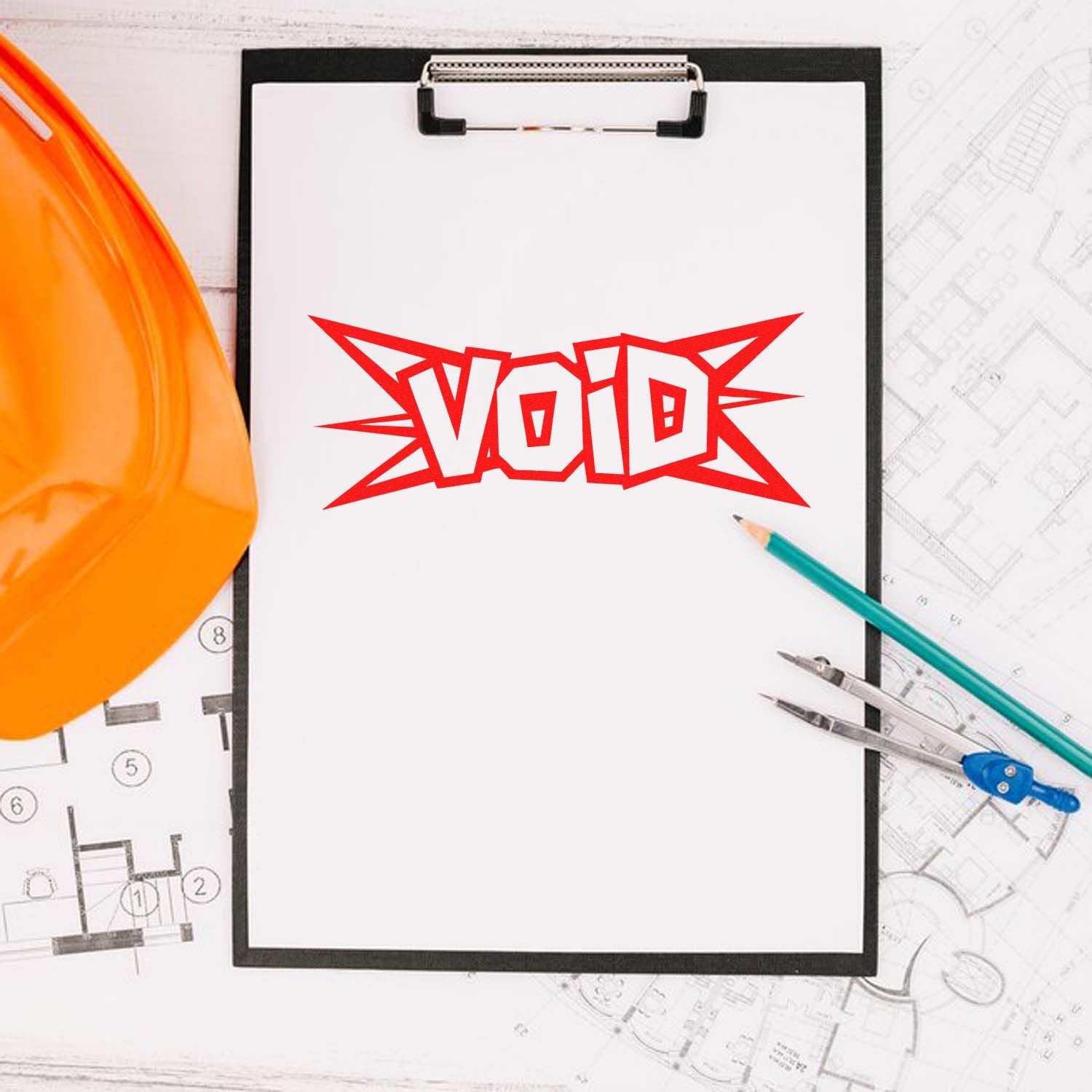 Red VOID rubber stamp and seal on white clipboard, with orange hard hat, pencils, and blueprints