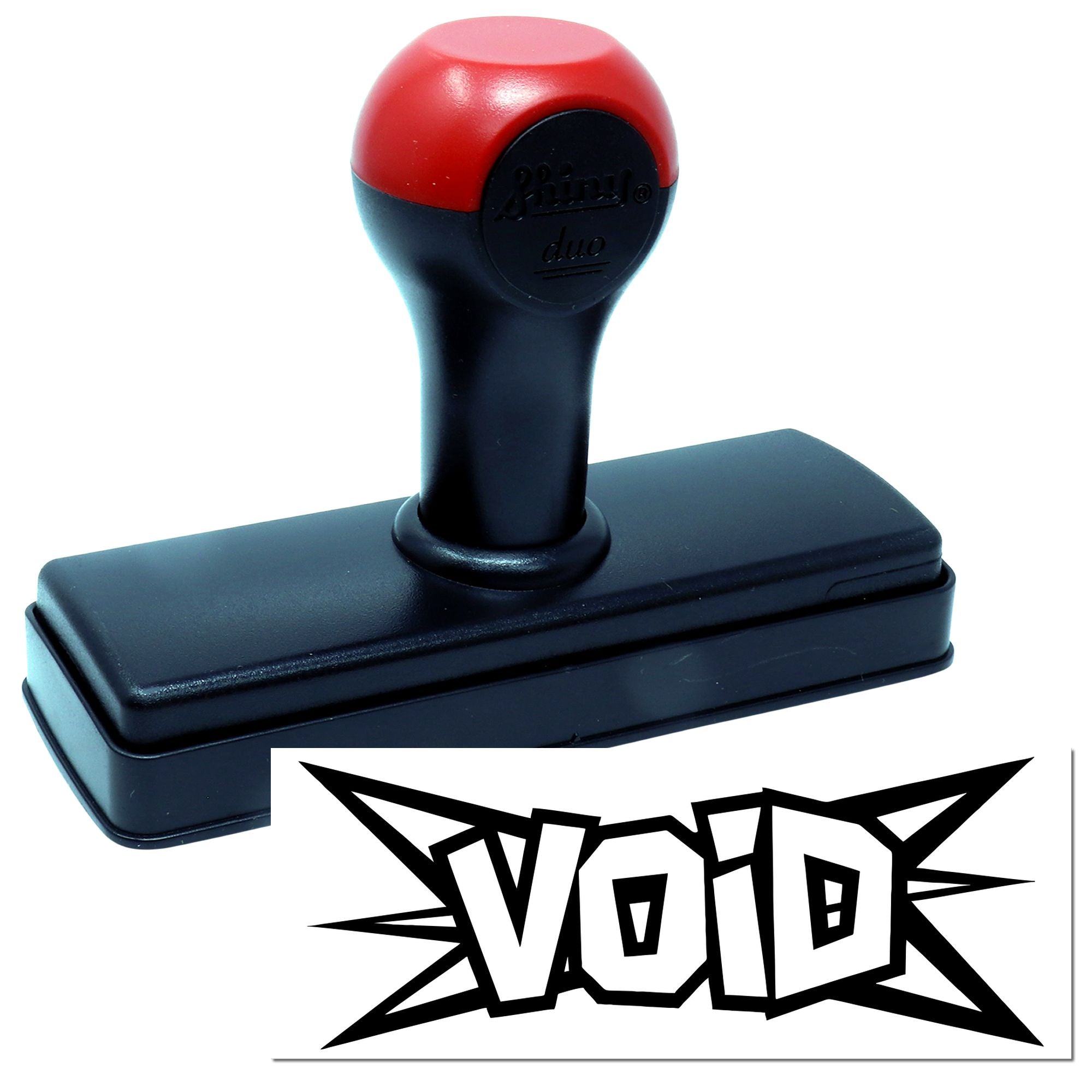 Red and black self-inking rubber stamp and seal with black base and bold graphic impression.