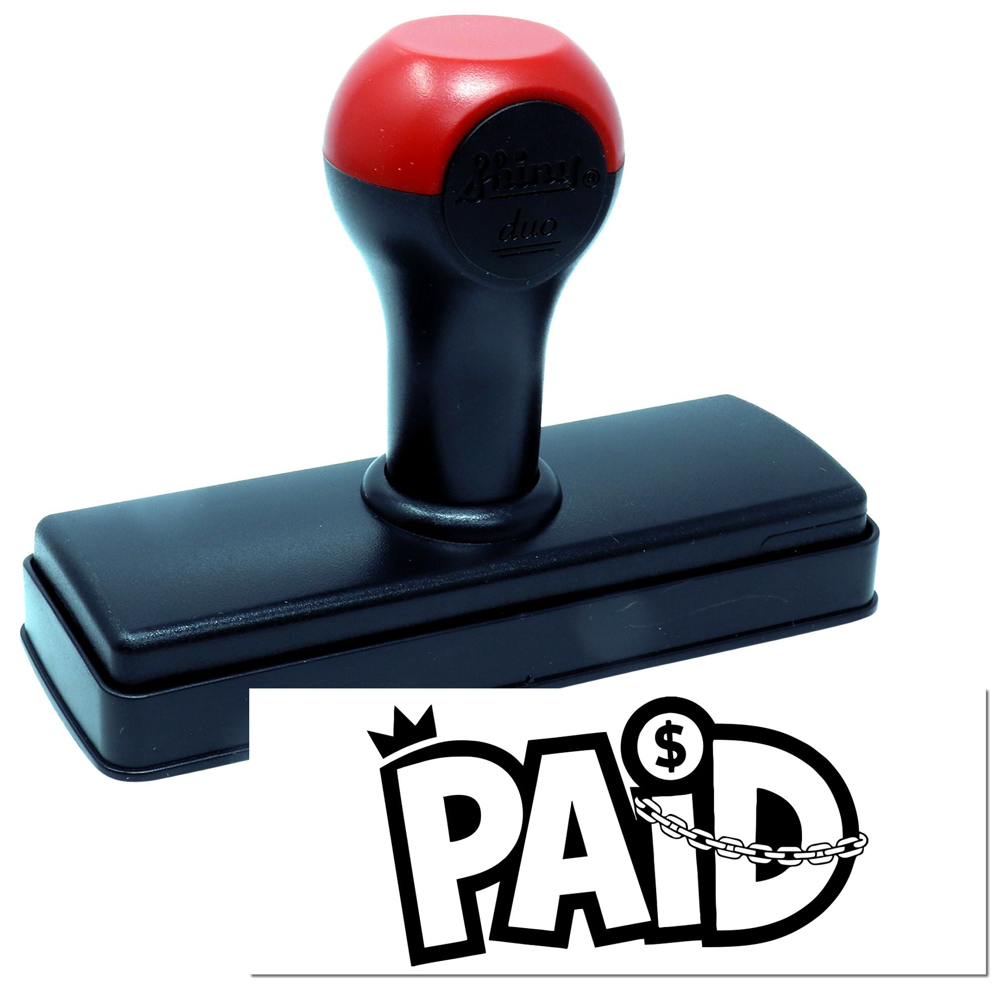Red and black self-inking paid stamp with rectangular base and bold PAID seal imprint