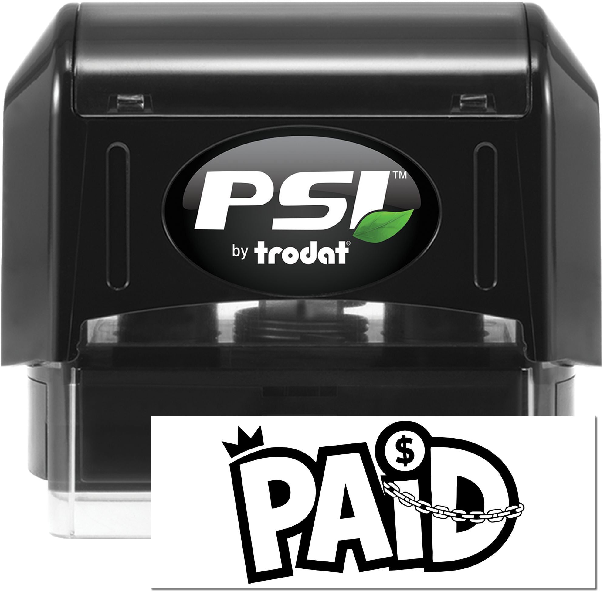 Black PSI by Trodat self-inking stamp and PAID seal with white logo text, green leaf accent, and clear base.