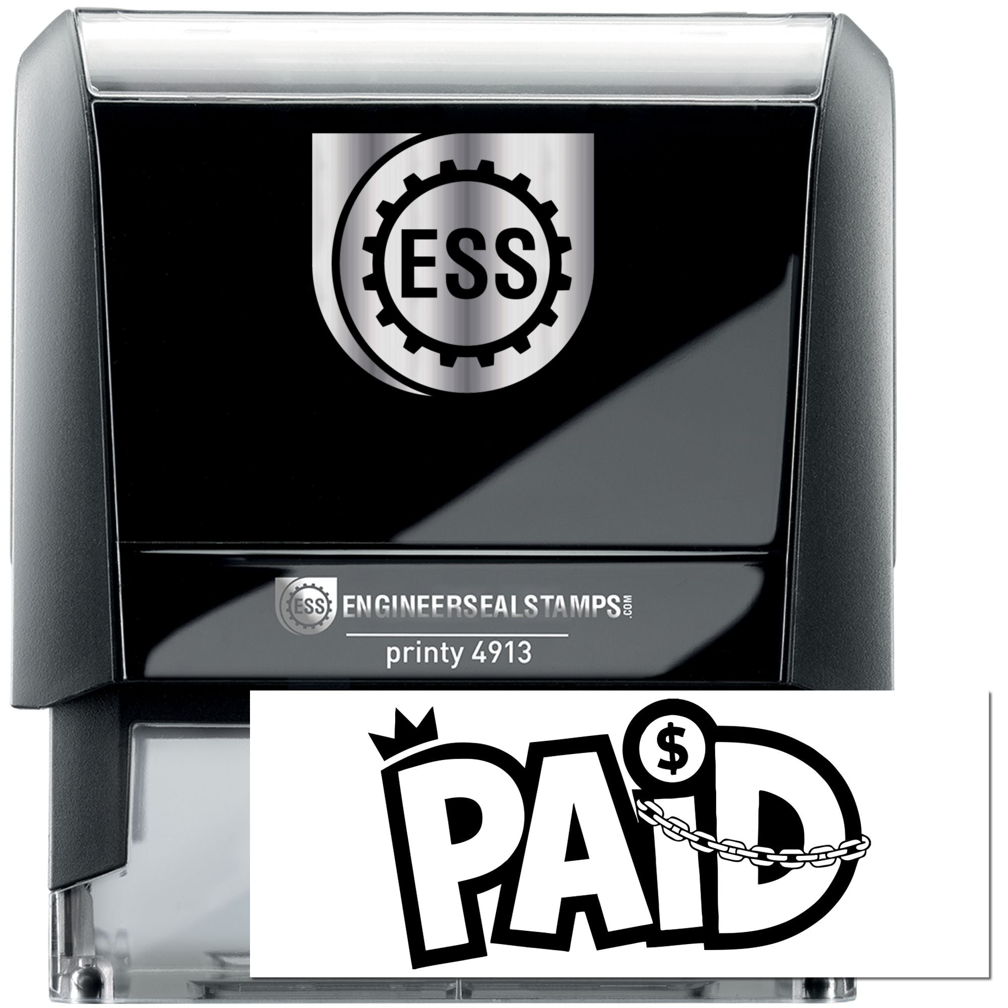 Black self-inking stamp and seal with silver ESS logo and bold white PAID imprint in clear housing.