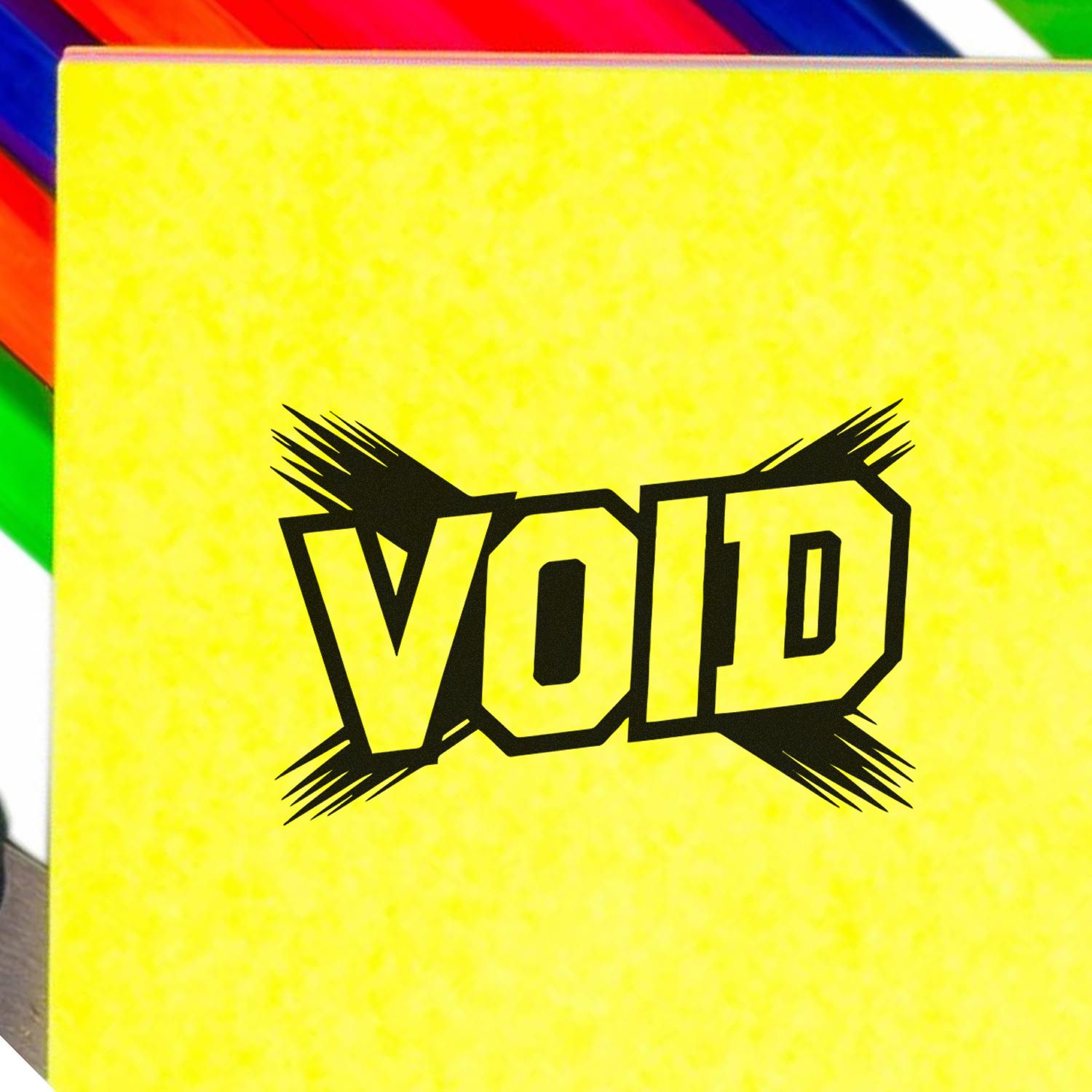 Yellow stamp and seal card with bold black VOID text, framed by rainbow-colored edges.