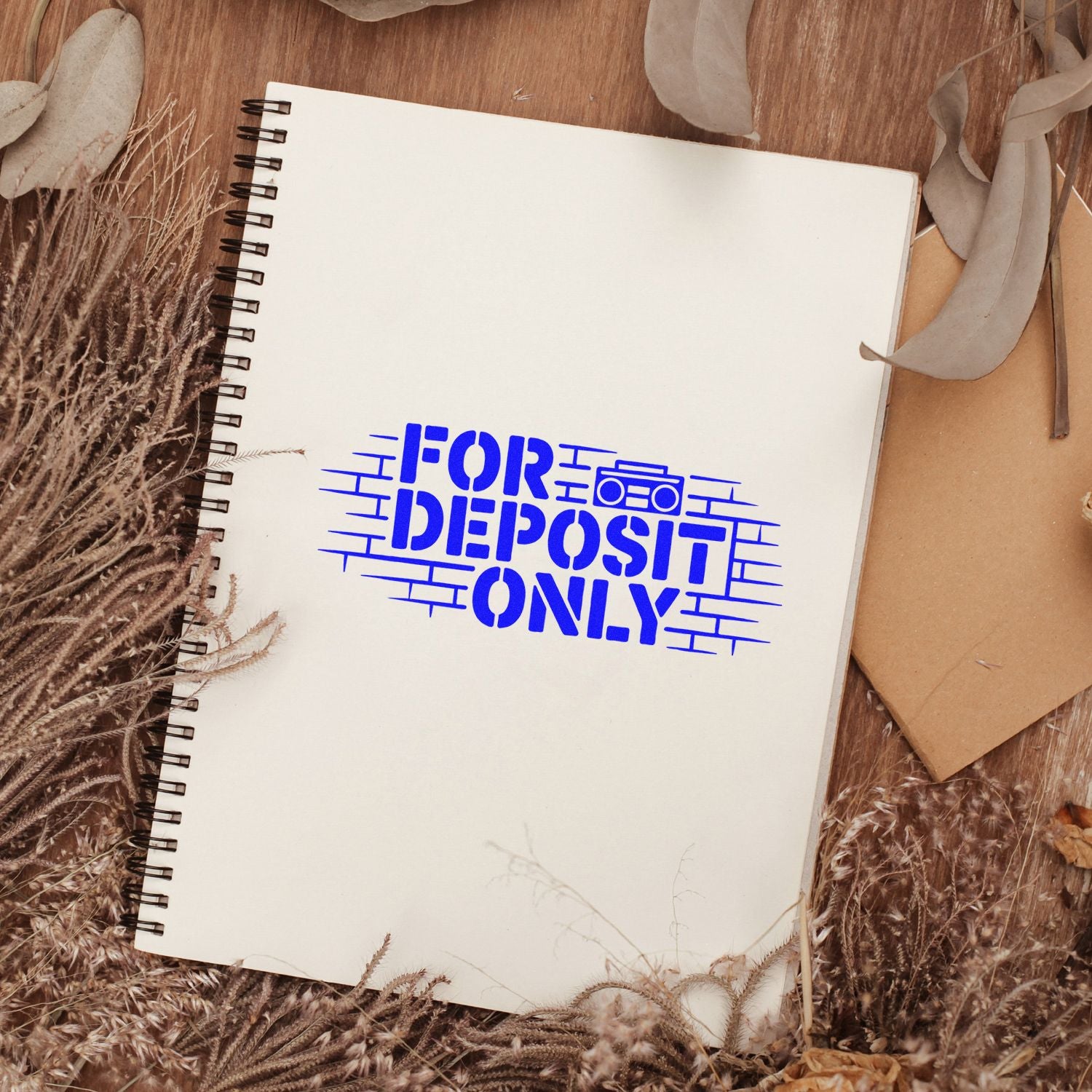 Blue FOR DEPOSIT ONLY stamp and seal on a white spiral notebook, surrounded by dried florals on a wooden surface.