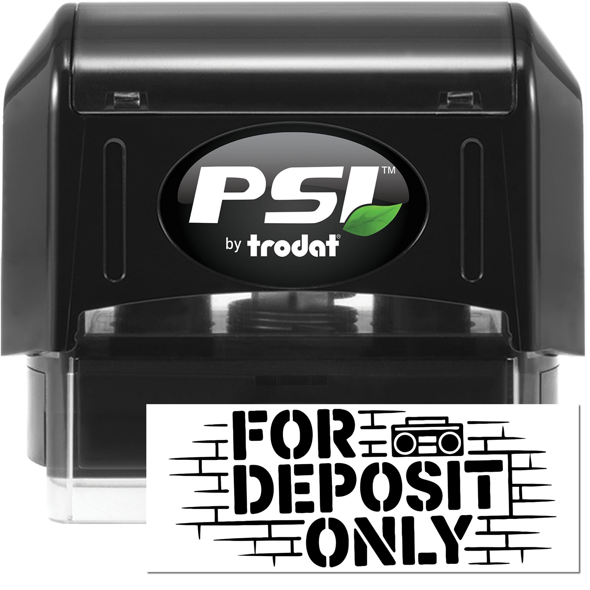 Black PSI by Trodat self-inking stamp with clear seal, displaying white FOR DEPOSIT ONLY imprint.