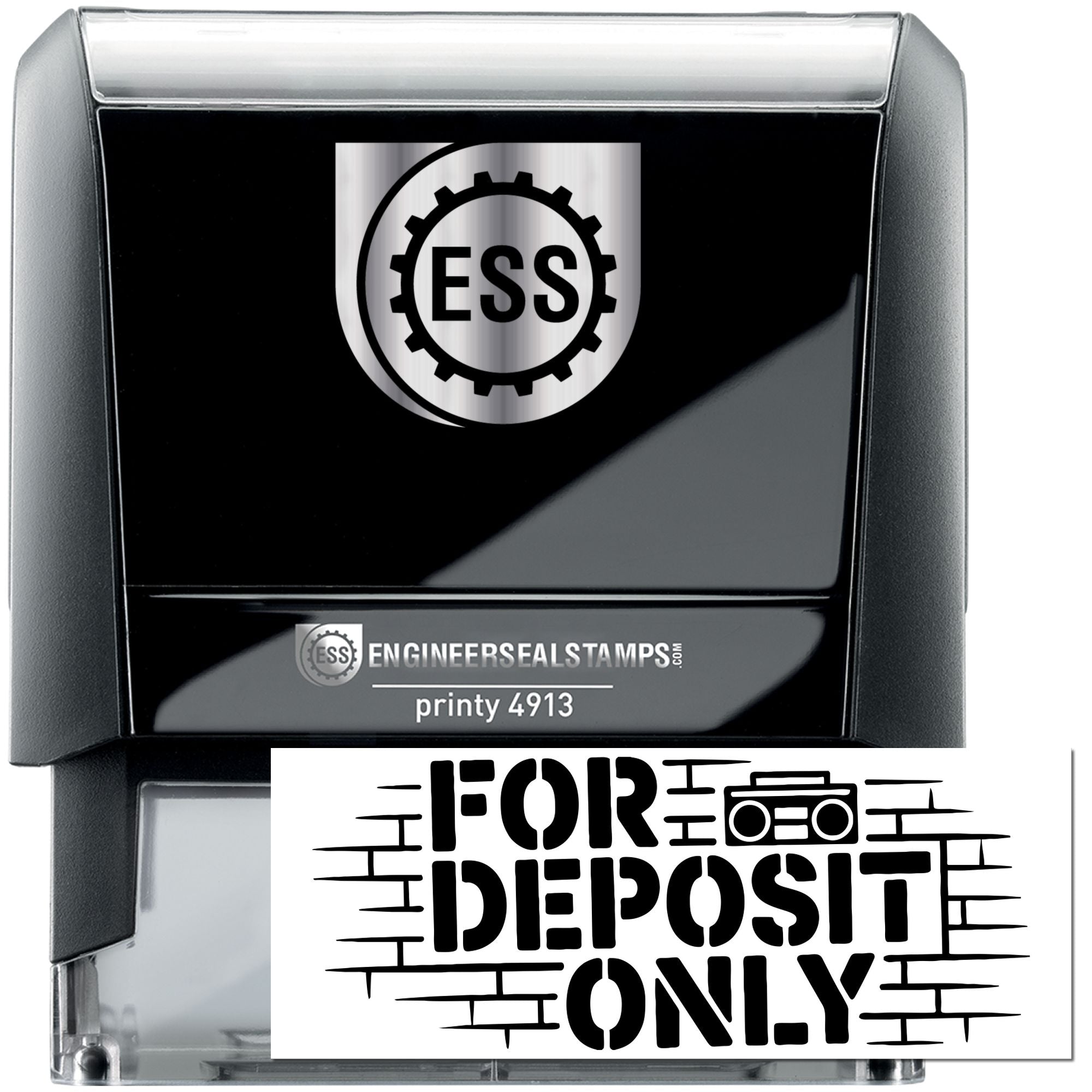 Black and gray self-inking ESS stamp and seal with silver logo, printy 4913, and For Deposit Only imprint.