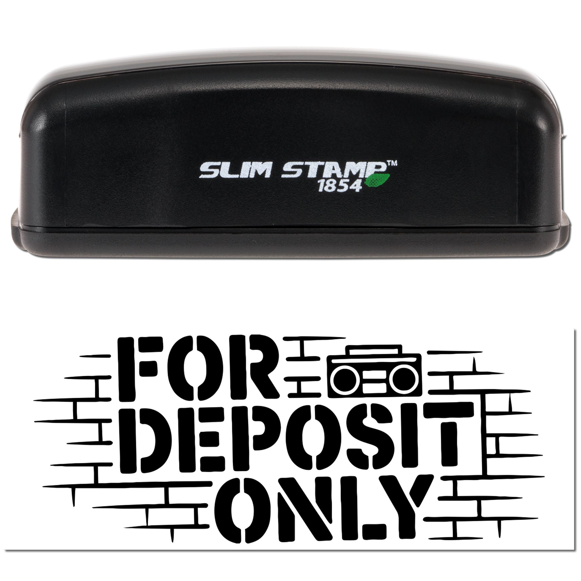 Black Slim Stamp 1854 custom stamp and seal with bold FOR DEPOSIT ONLY imprint and boombox icon on white background.