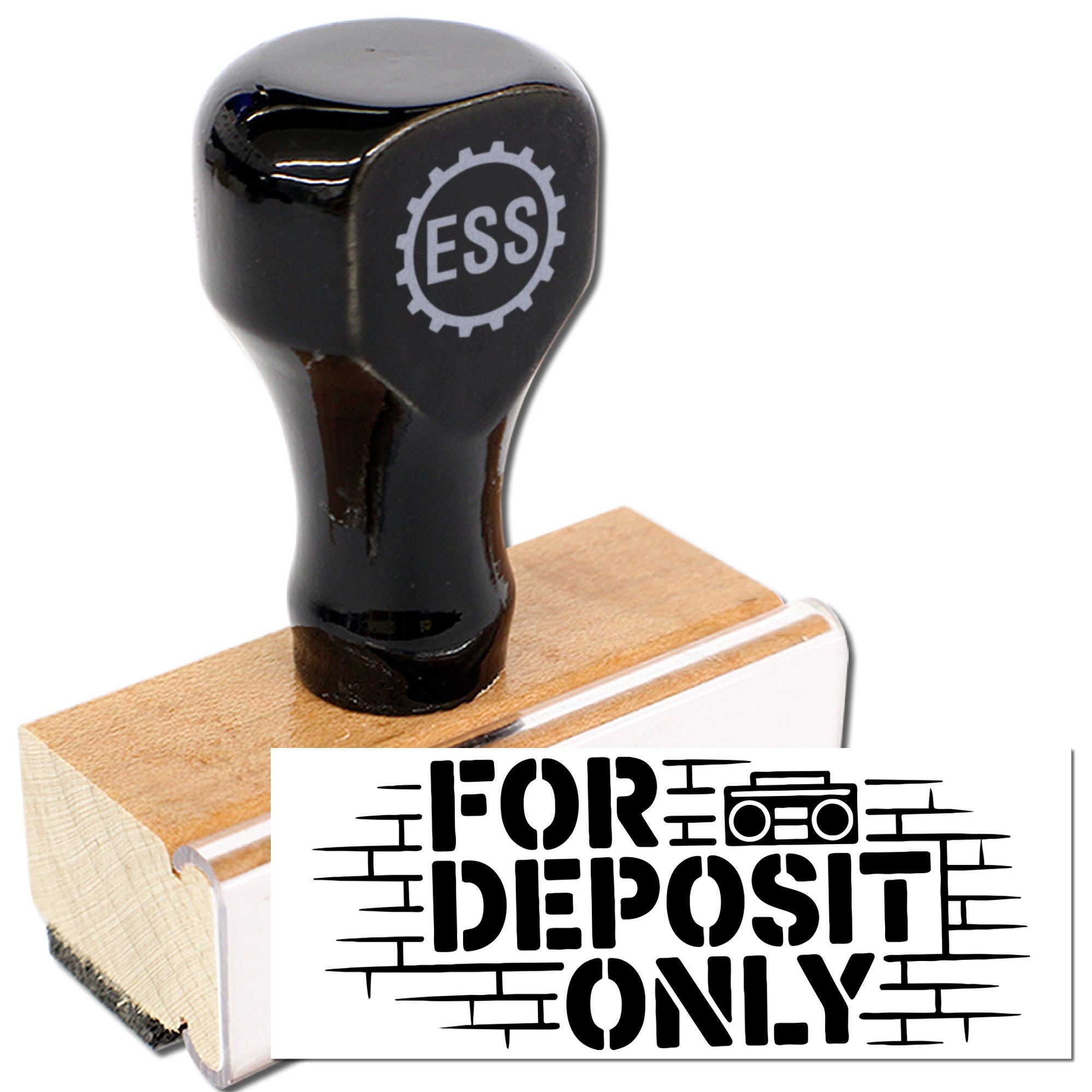 Black self-inking stamp and seal with ESS logo, wooden handle, and FOR DEPOSIT ONLY text.