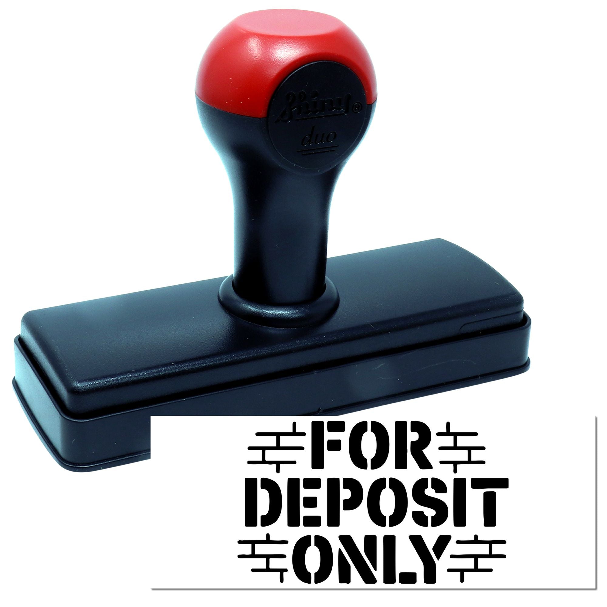 Red and black self-inking stamp and seal with rectangular base, showing FOR DEPOSIT ONLY imprint.