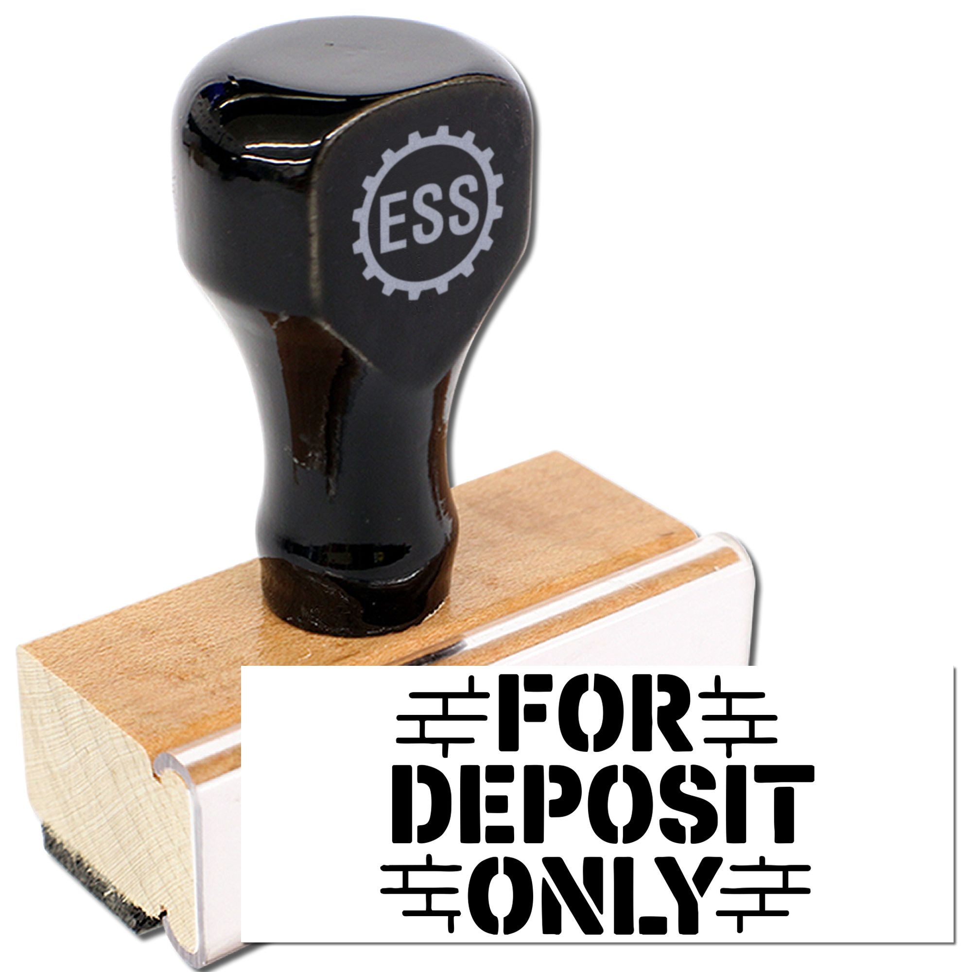 Black stamp and seal with ESS logo, wooden base, and bold FOR DEPOSIT ONLY endorsement.