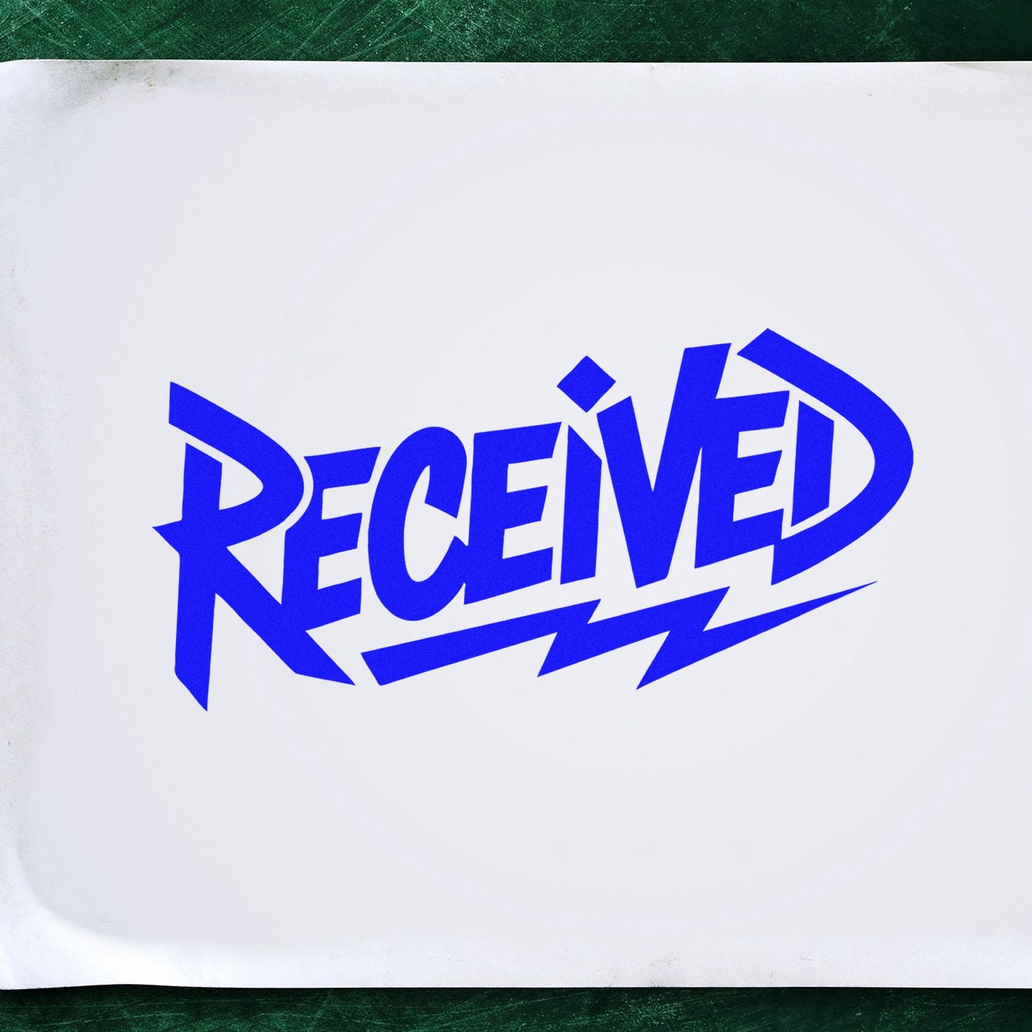 Bright blue RECEIVED rubber stamp seal on white paper