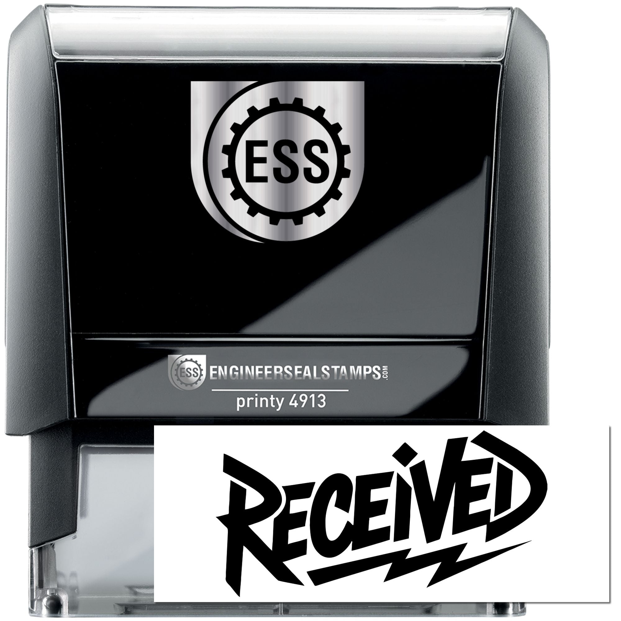 Black self-inking Engineer Seal stamp and seal with silver ESS logo and bold Received imprint.
