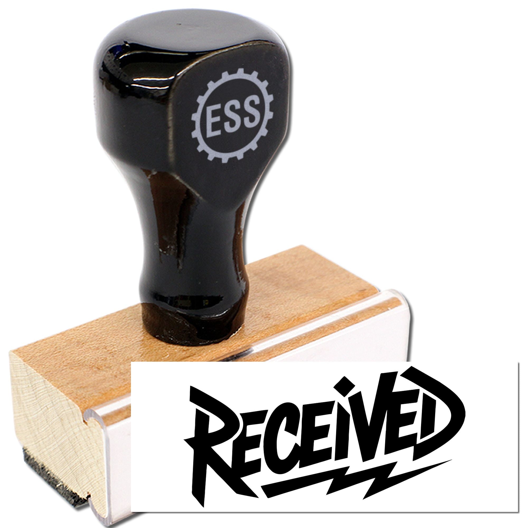 Black rubber stamp seal with ESS gear logo on a wood base, showing bold black RECEIVED imprint.