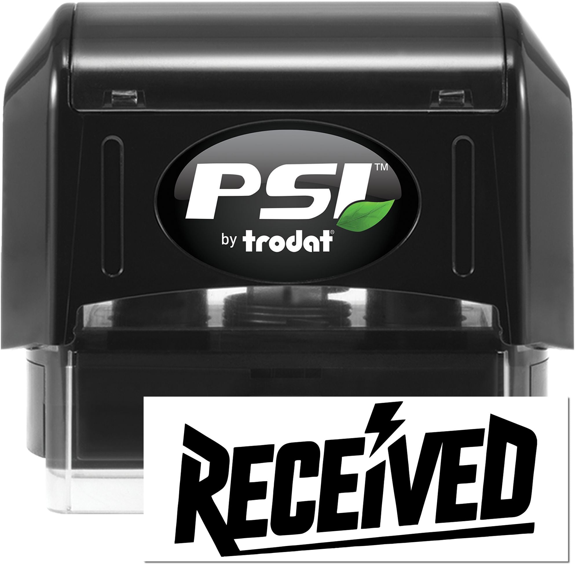 Black PSI by Trodat self-inking stamp and clear RECEIVED seal with bold black lettering.