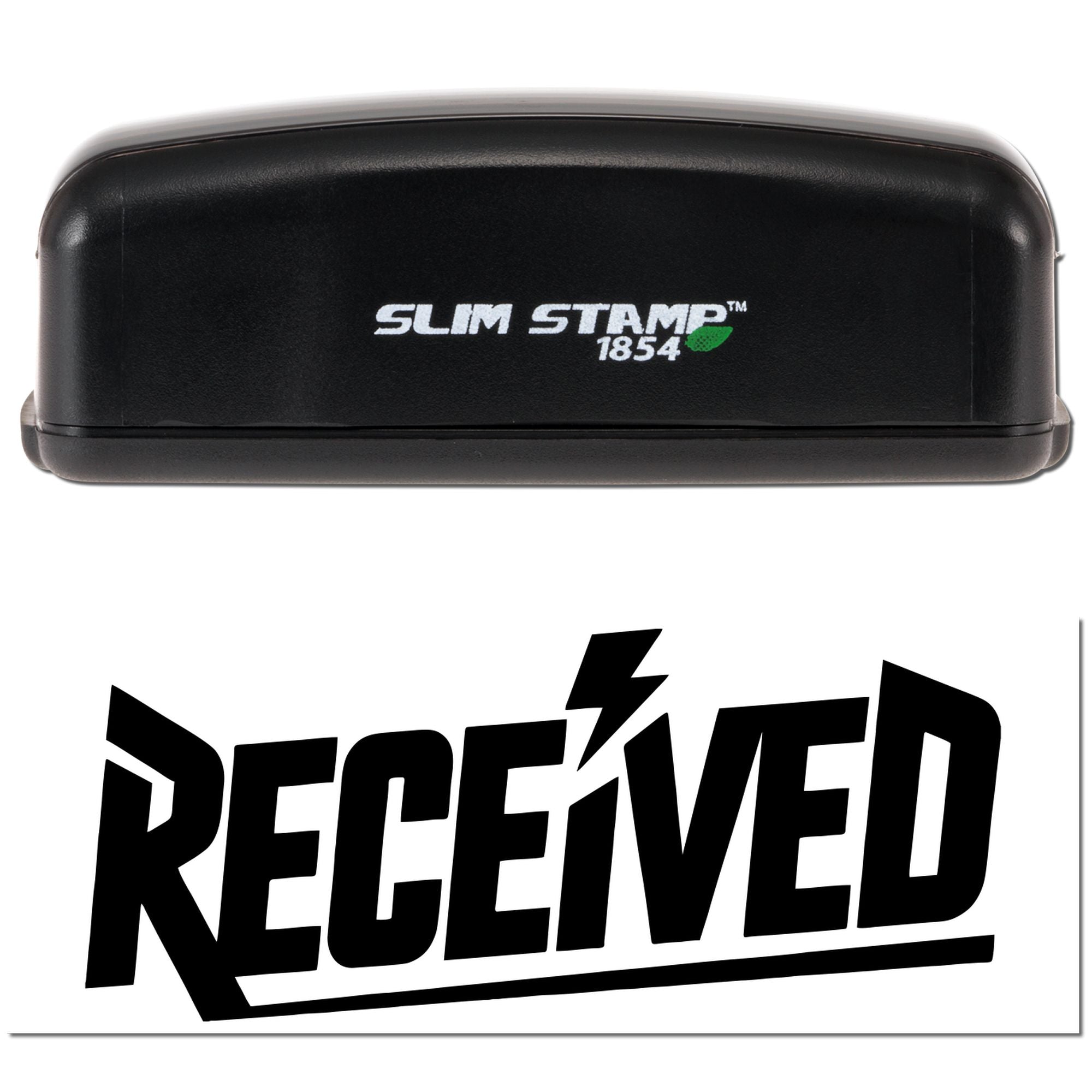 Black Slim Stamp 1854 self-inking stamp with green accent and bold RECEIVED seal impression on white background