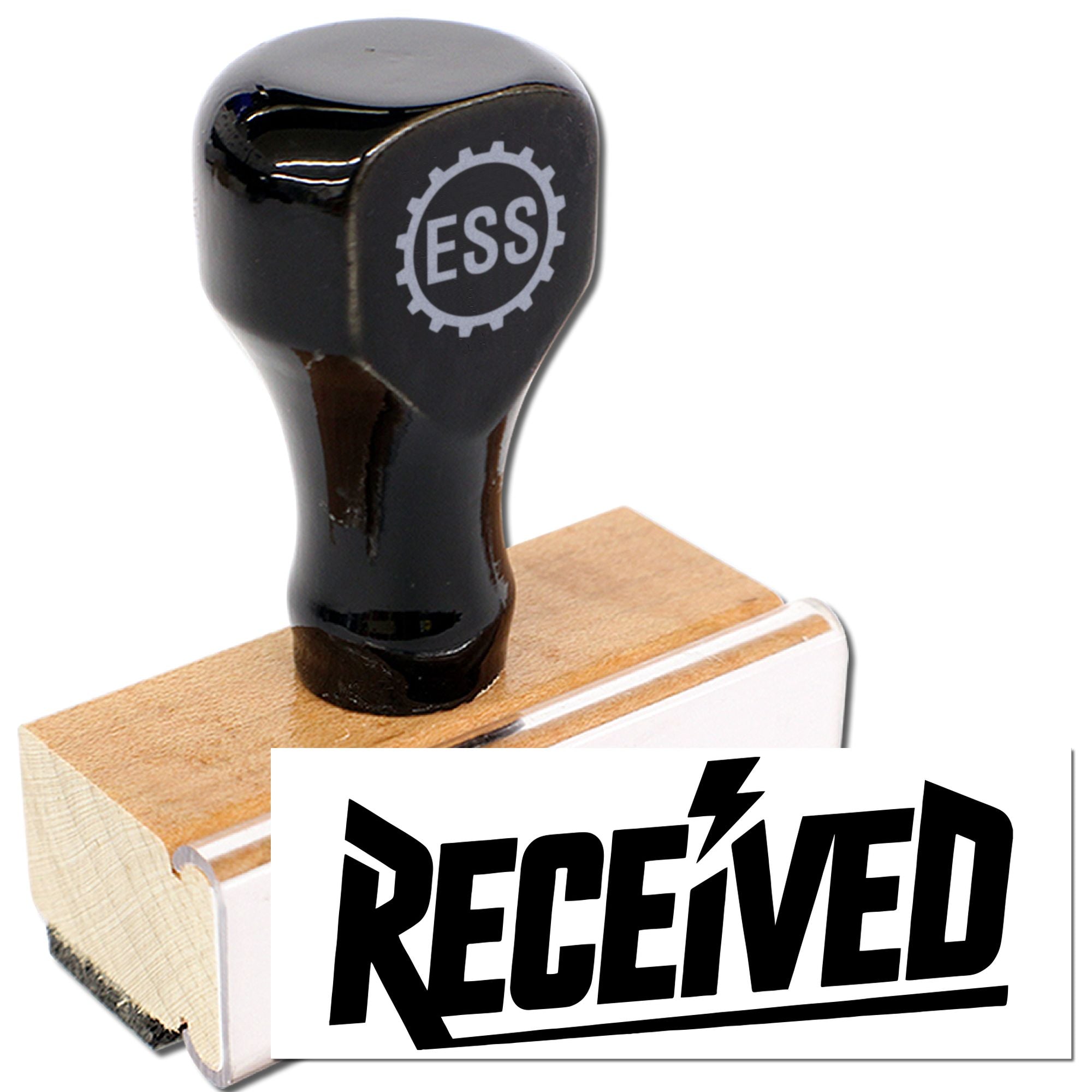 Black self-inking stamp and wooden seal with ESS logo, marking bold RECEIVED on white paper