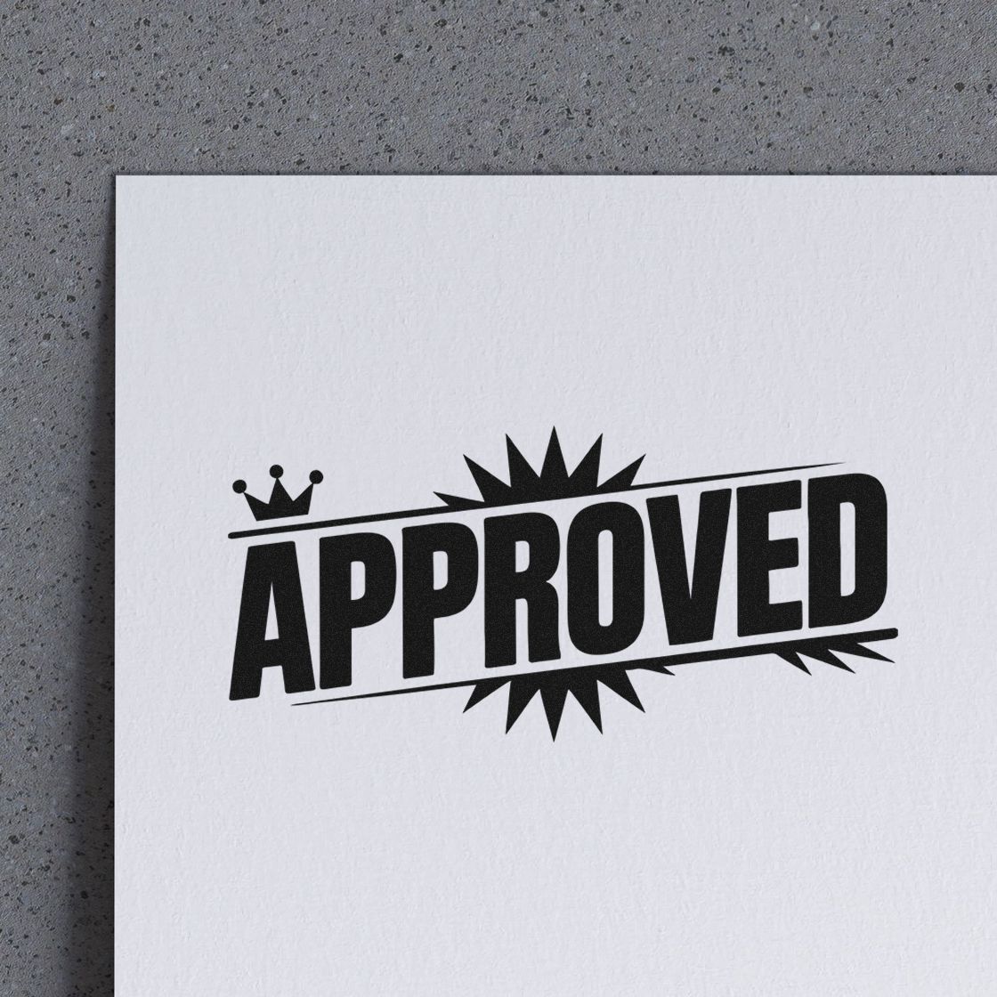 Black APPROVED stamp seal with crown and starburst on white paper
