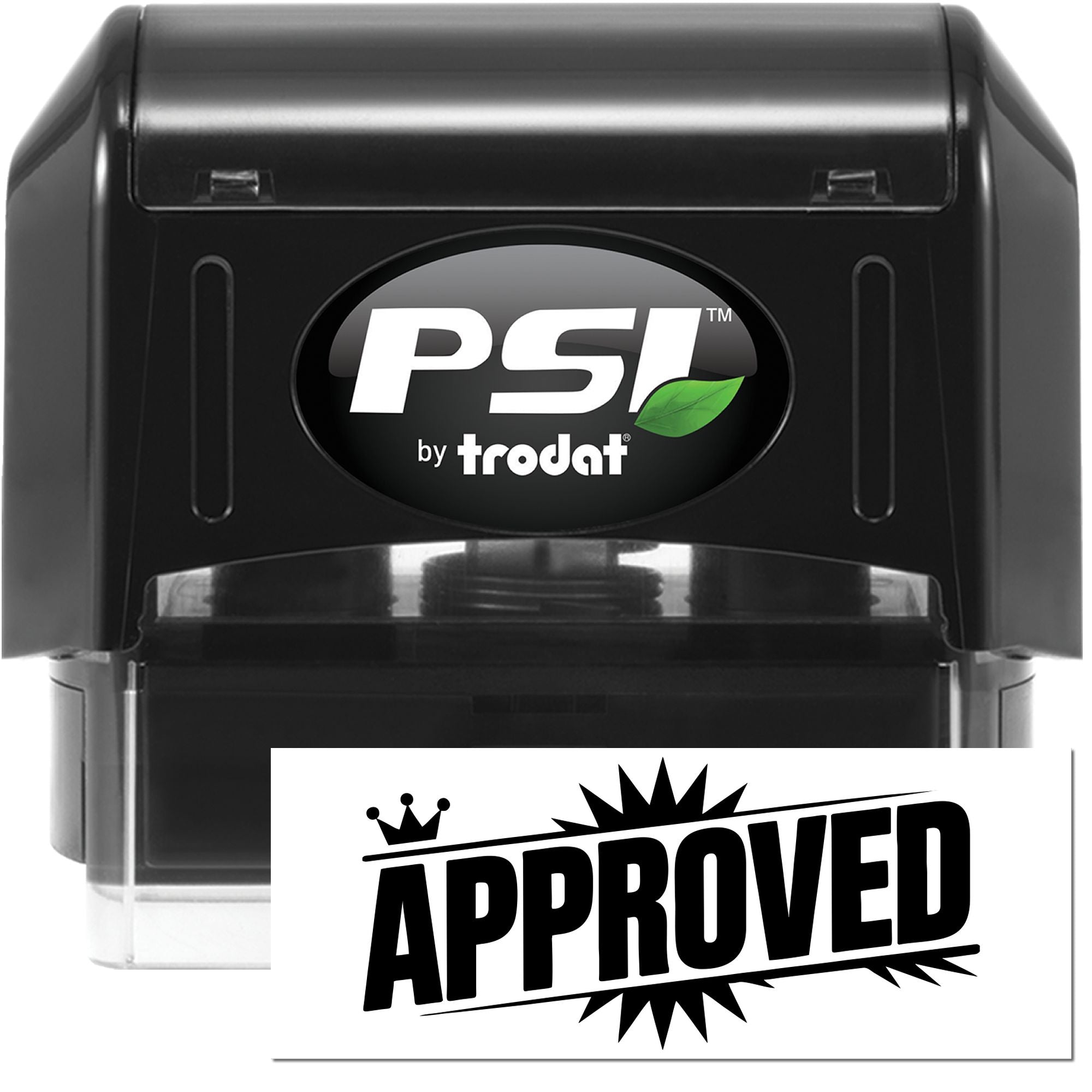 Black PSI by Trodat self-inking stamp with green leaf logo and white APPROVED imprint.
