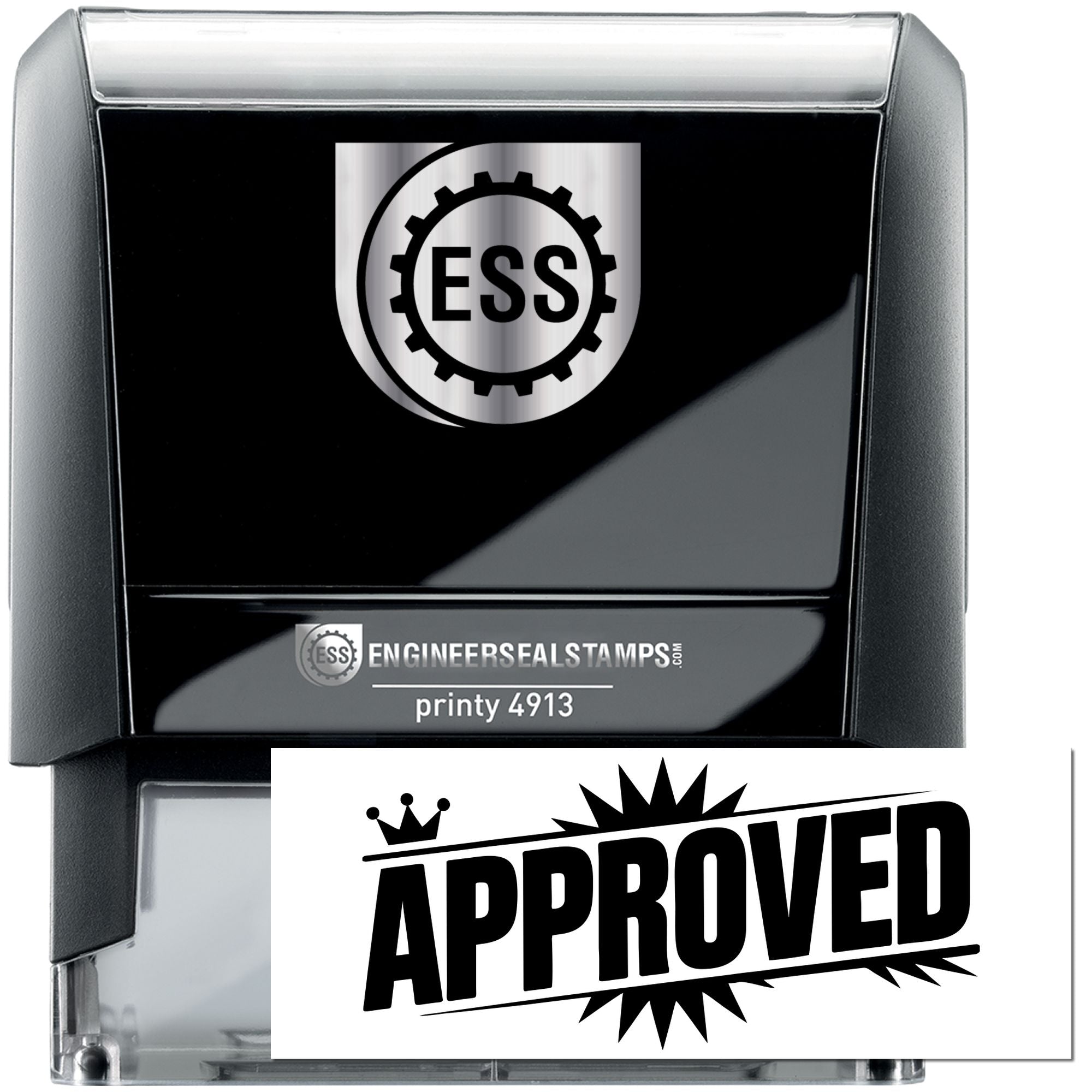 Black self-inking engineer seal stamp with silver trim, ESS logo, and bold APPROVED imprint.