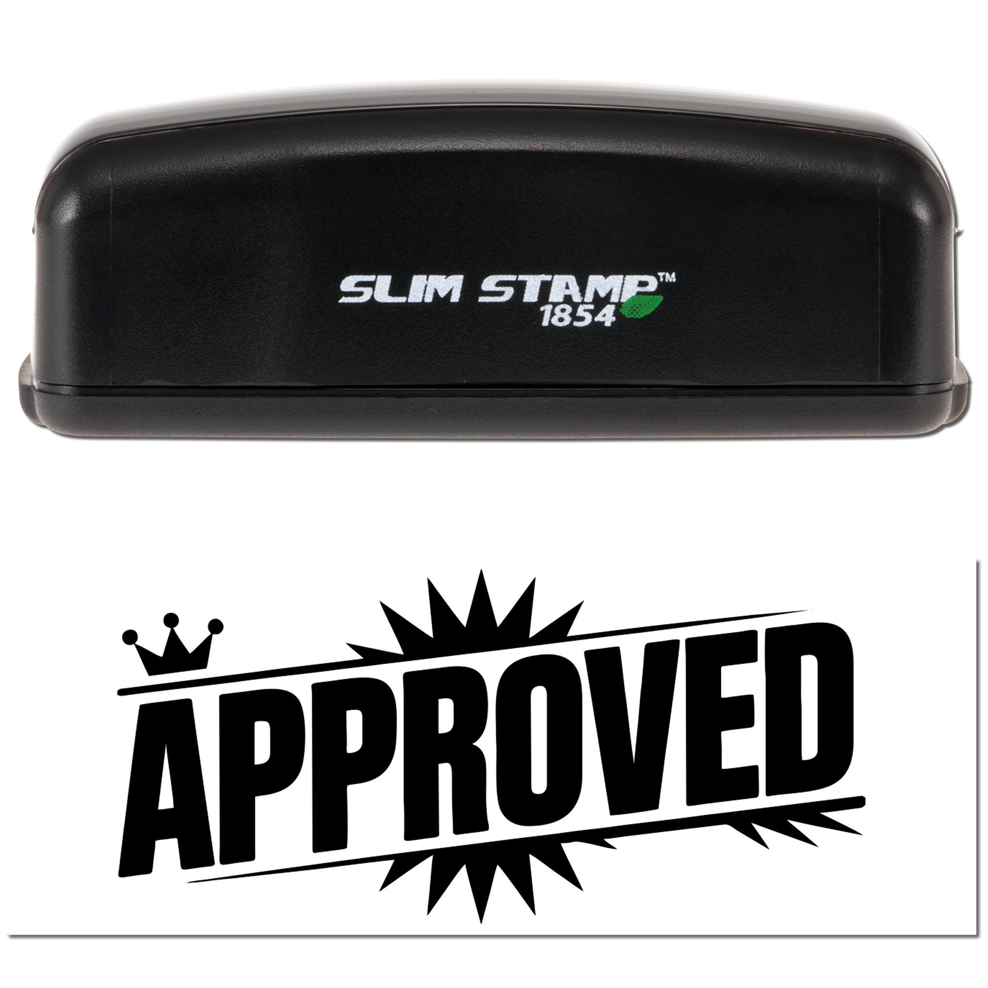 Black Slim Stamp 1854 stamp and seal with green leaf logo above bold black APPROVED seal on white background.