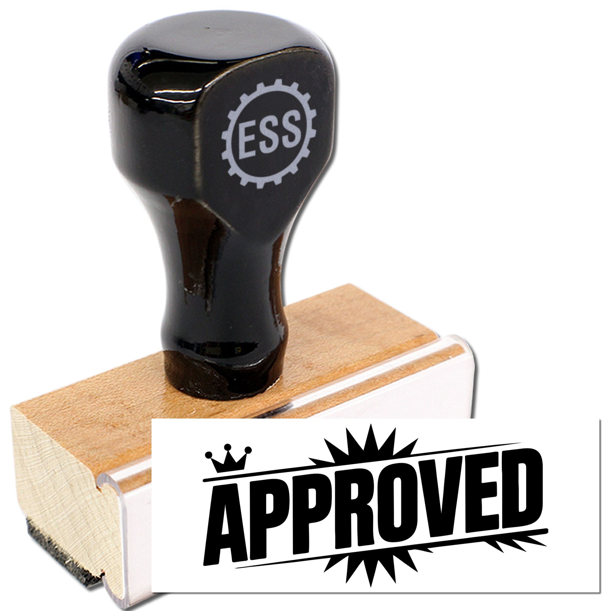 Black approval stamp with wooden handle, white APPROVED imprint, and ESS logo seal.