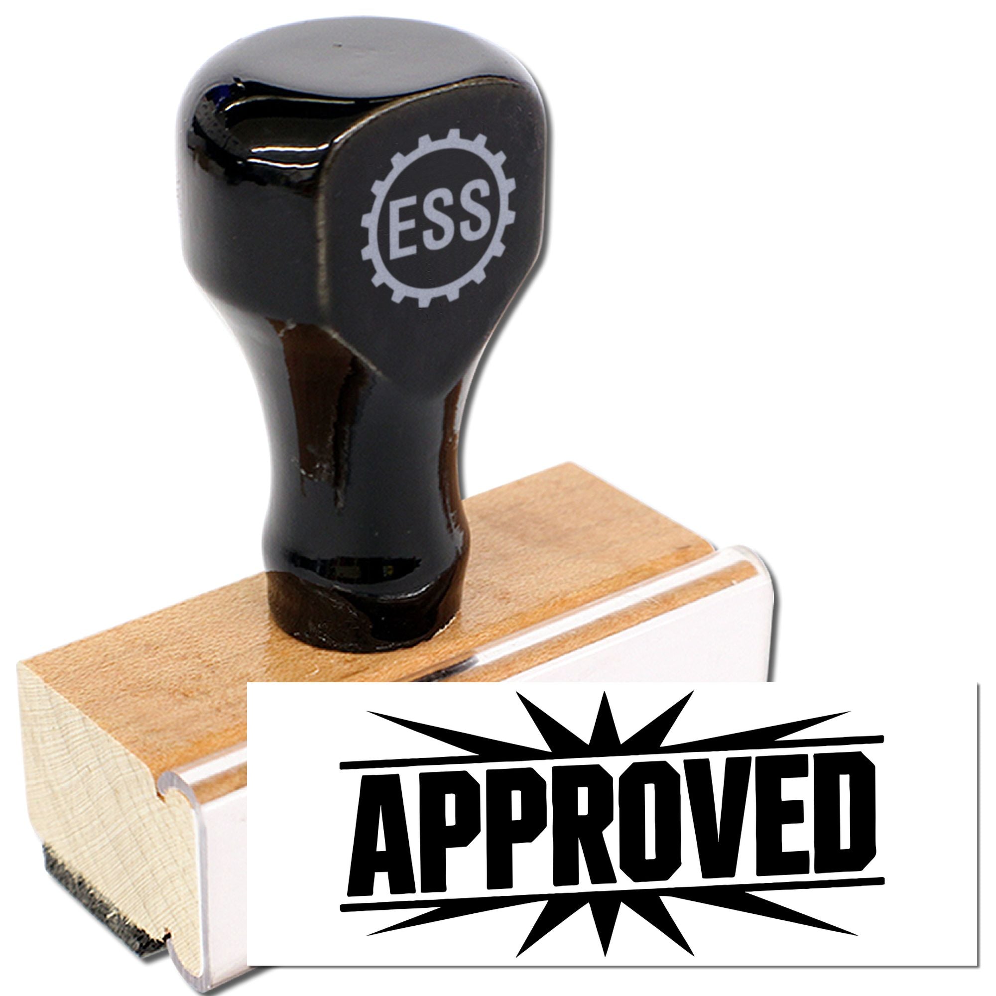 Black ESS rubber stamp with tan wooden base and white APPROVED seal impression