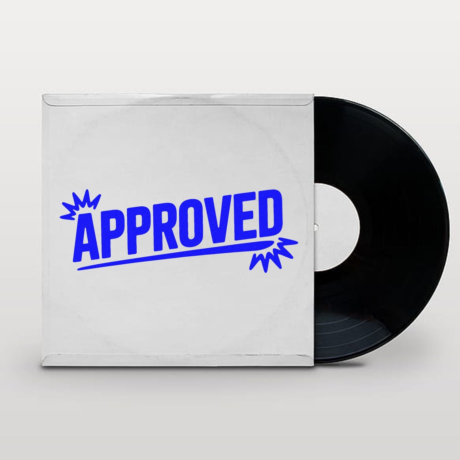 White record sleeve with bold blue APPROVED stamp seal and a black vinyl record partially visible.