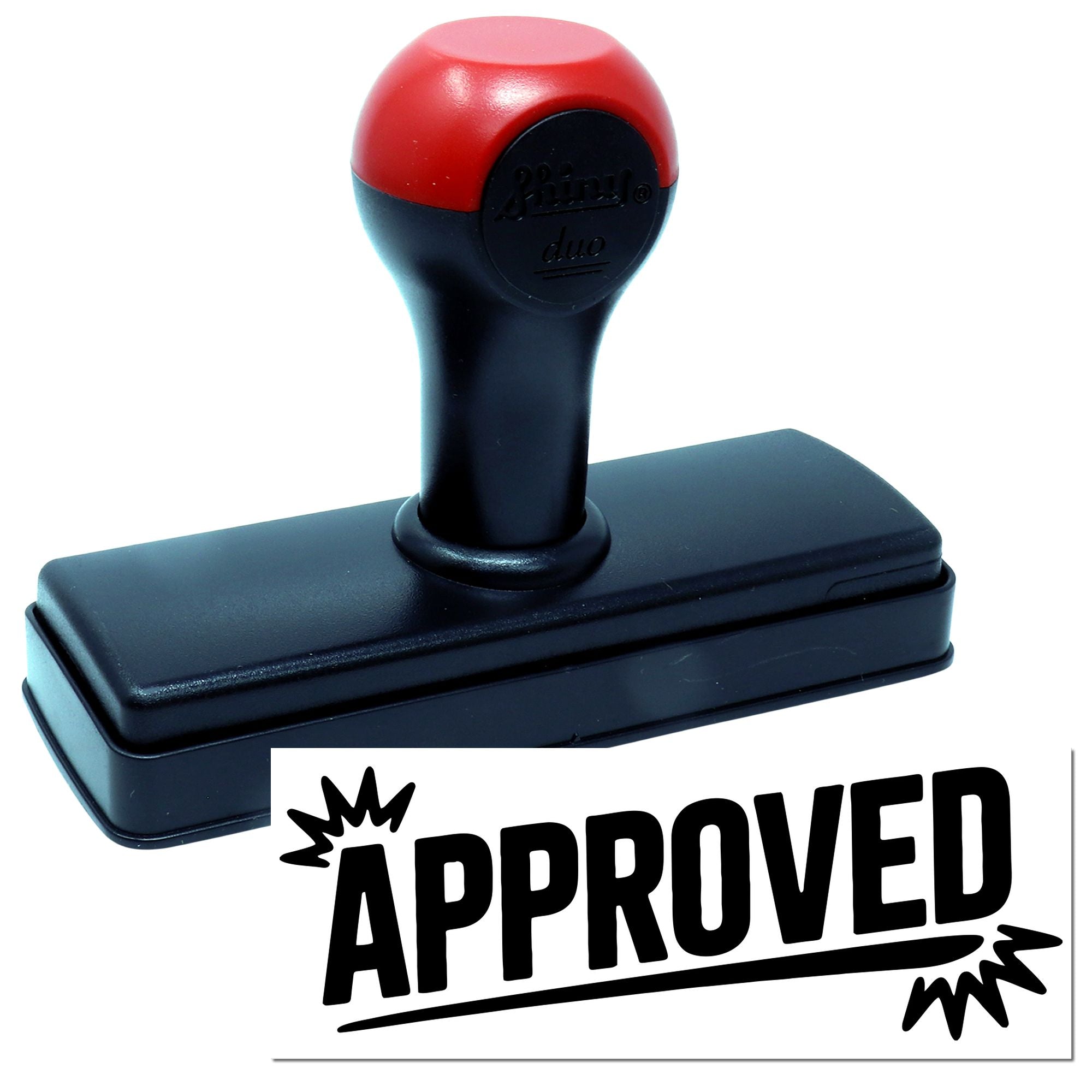 Red and black self-inking rubber stamp with bold APPROVED seal imprint
