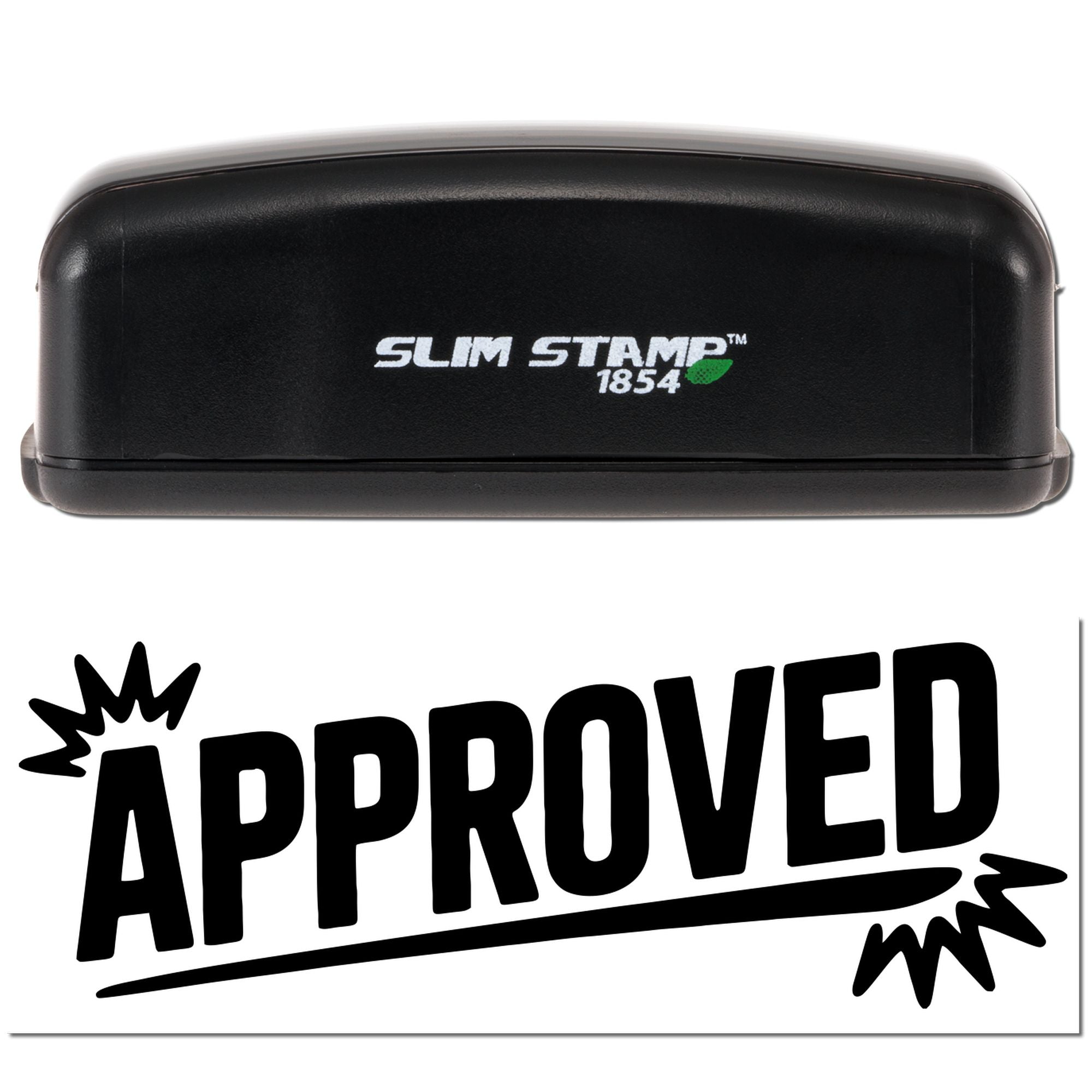 Black Slim Stamp 1854 self-inking stamp with green leaf logo above bold black APPROVED seal.
