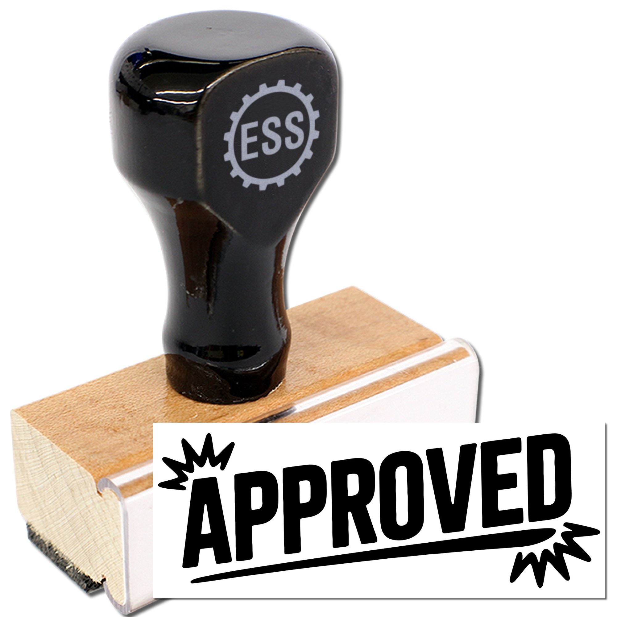 Black rubber ESS approval stamp with wooden base and bold APPROVED seal