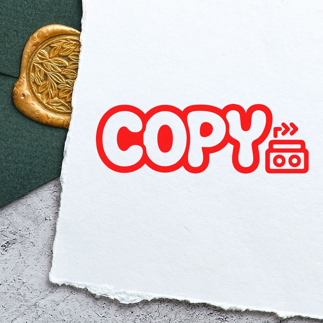 Red COPY stamp and seal icon on white paper, beside a gold embossed wax seal on dark green backing.