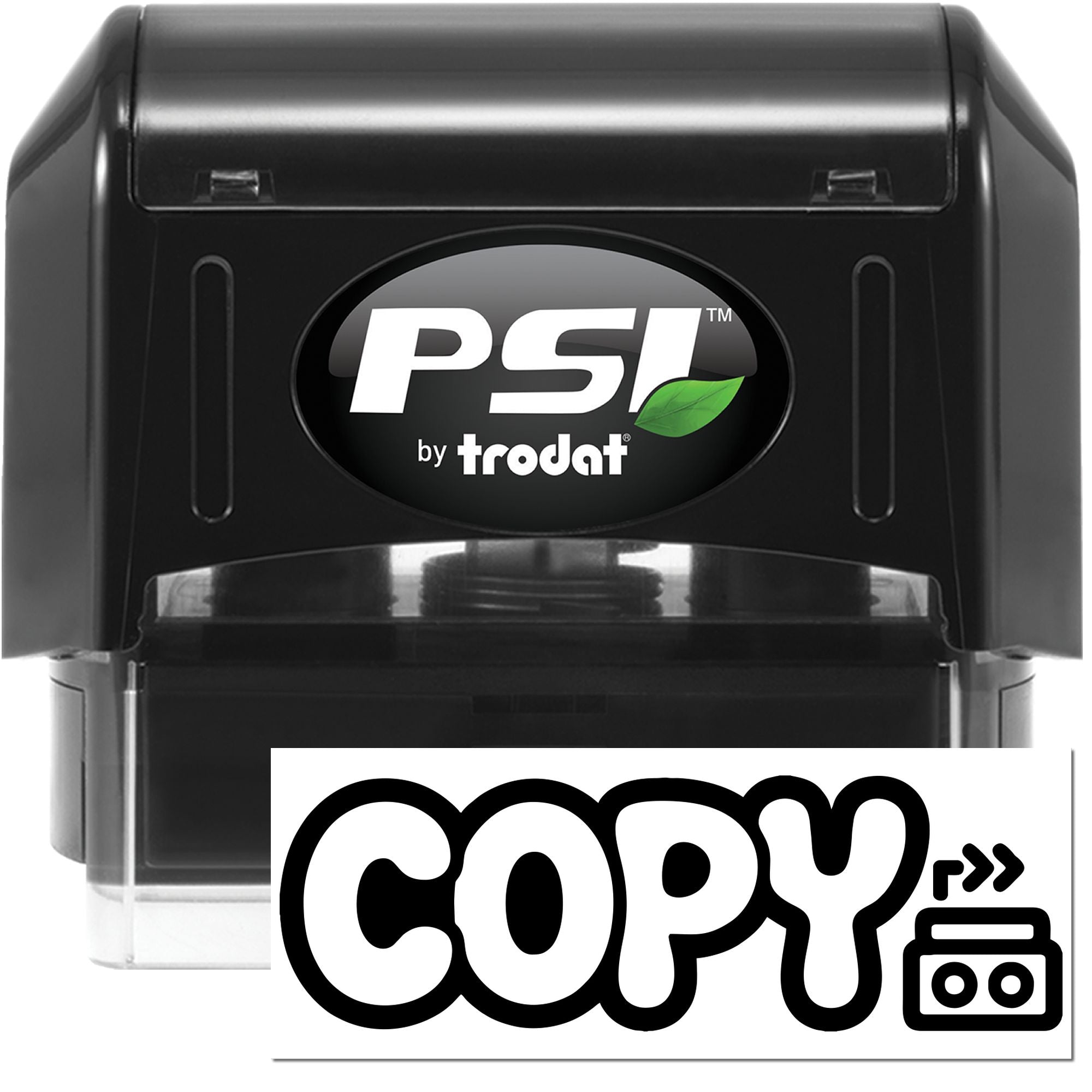 Black PSI by Trodat self-inking stamp and copy seal with clear case, bold white logo, and green leaf accent.