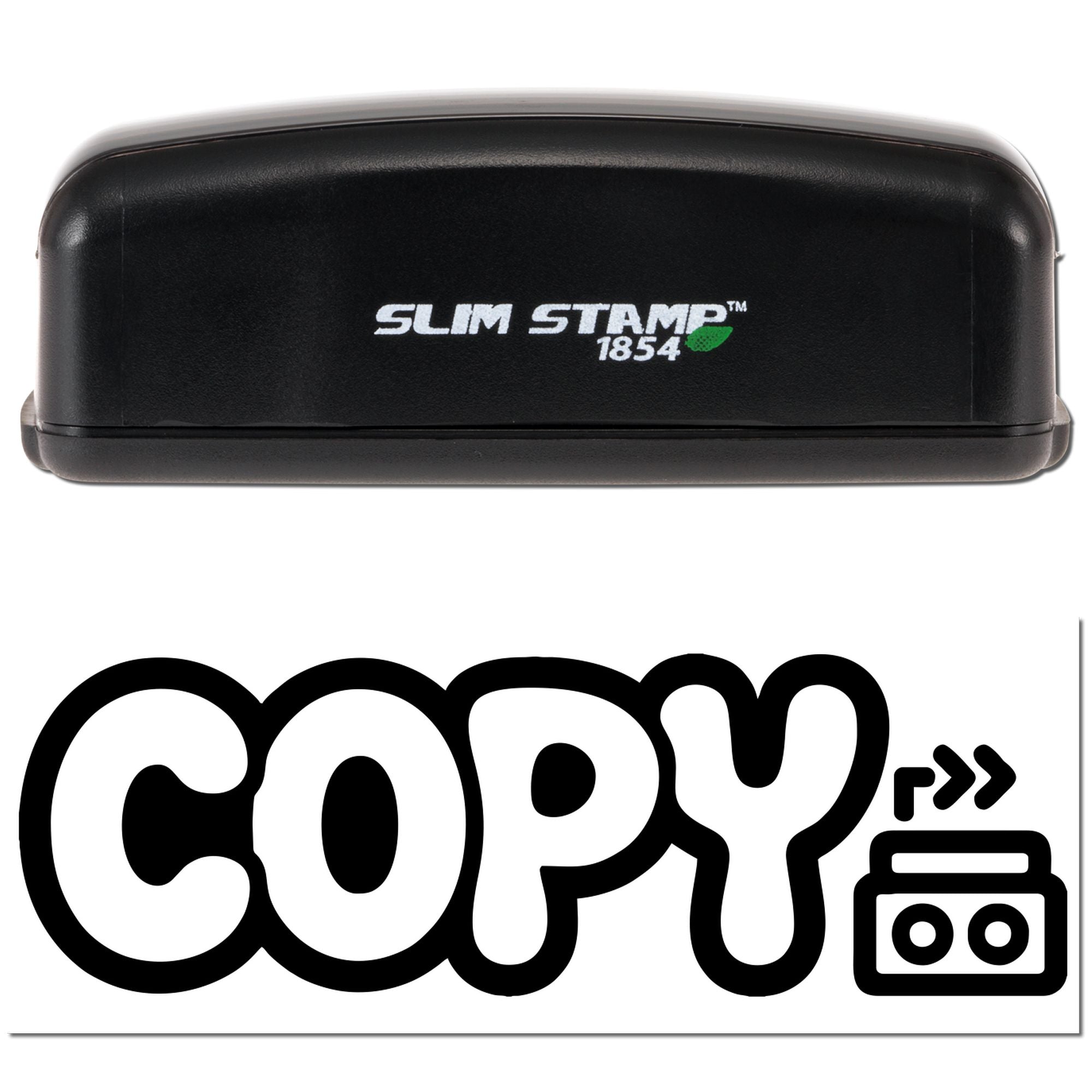 Black Slim Stamp 1854 stamp and seal case with white logo and green accent above bold black COPY icon on white background.