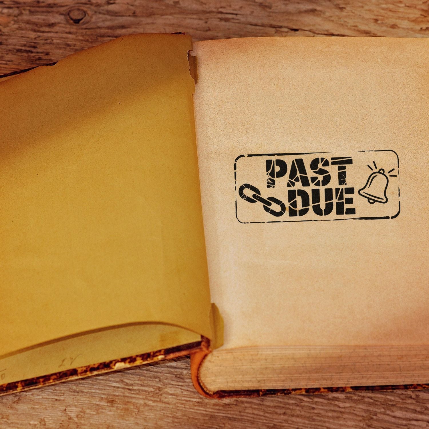 Black PAST DUE rubber stamp seal with broken chain and bell on open tan pages