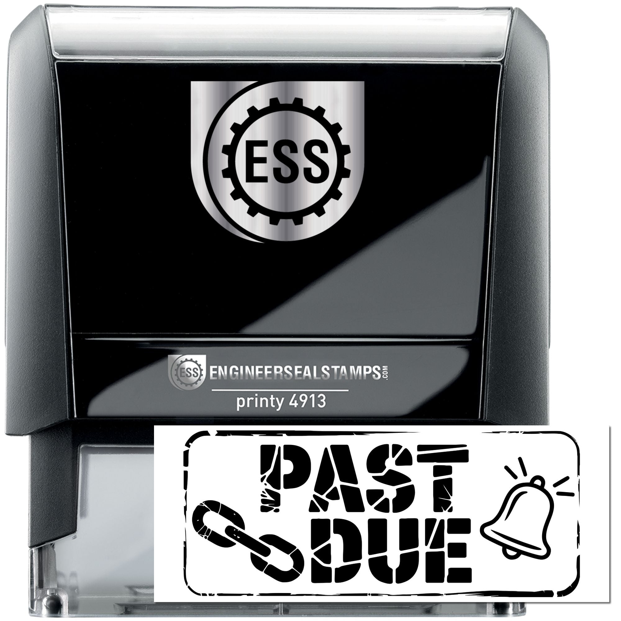 Black and silver self-inking stamp and seal set with ESS logo, Printy 4913, and bold PAST DUE design.