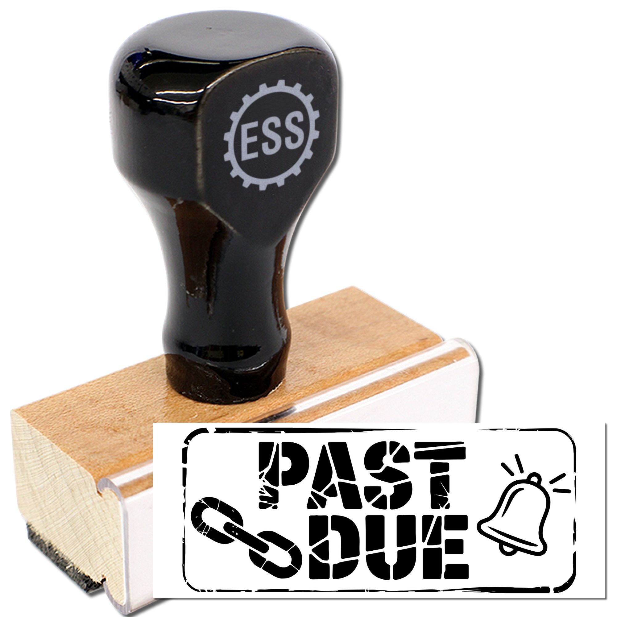 Glossy black rubber stamp on wooden base with bold PASSED seal and bell icon in black and white.