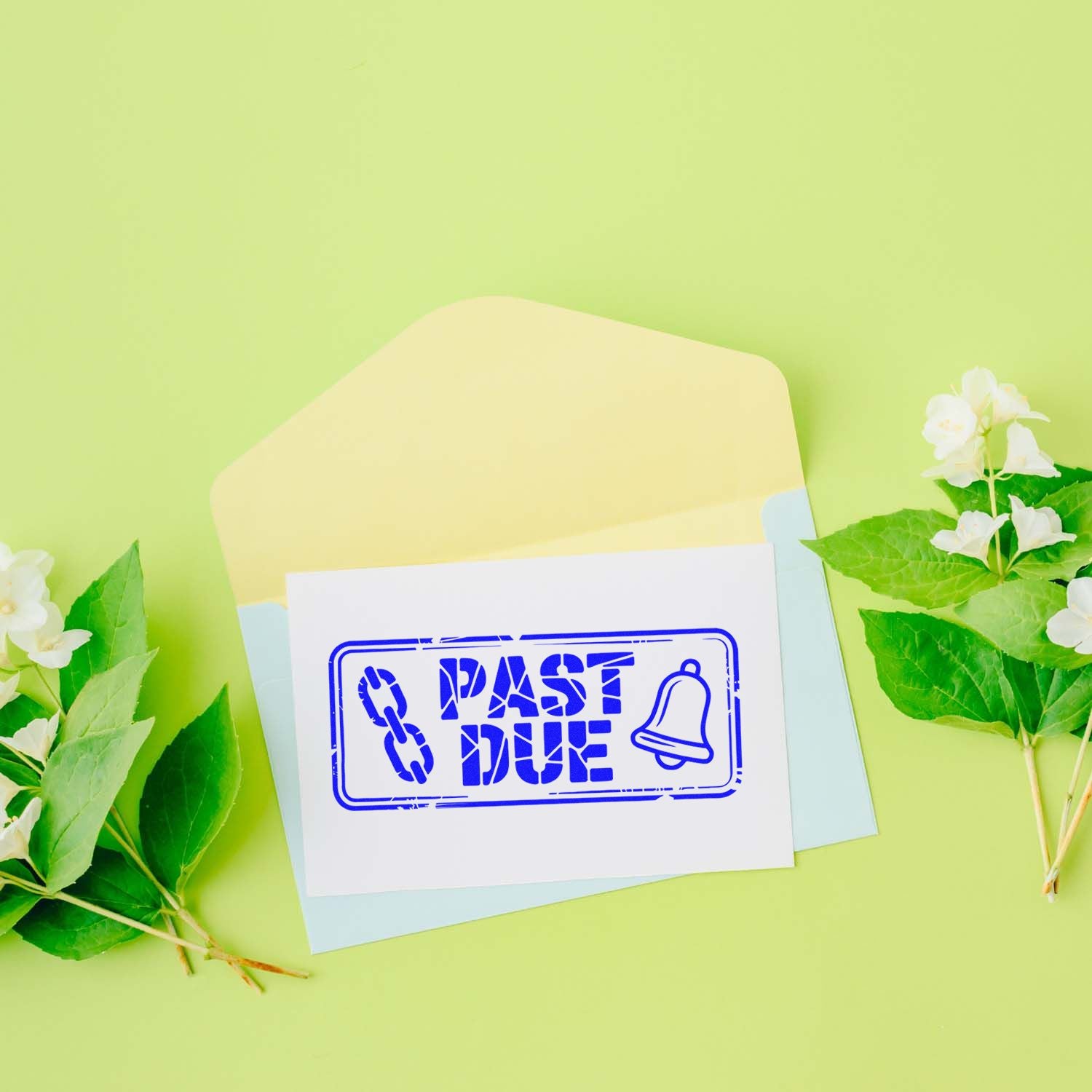 Blue Past Due stamp seal on white card with bell icon, set on a pastel green background with flowers.