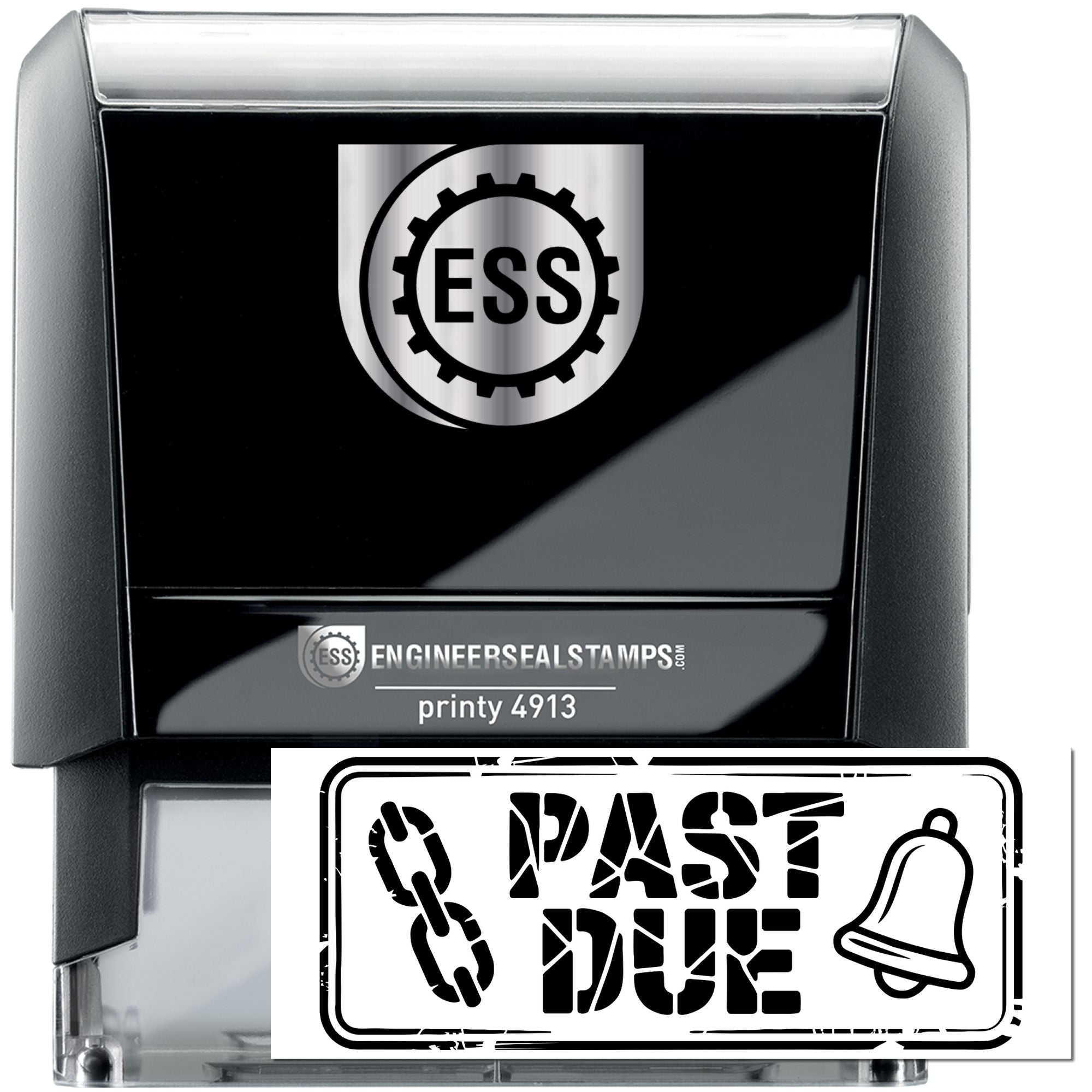 Black self-inking ESS engineer seal stamp with silver top, plus clear paste-due seal with bell icon.